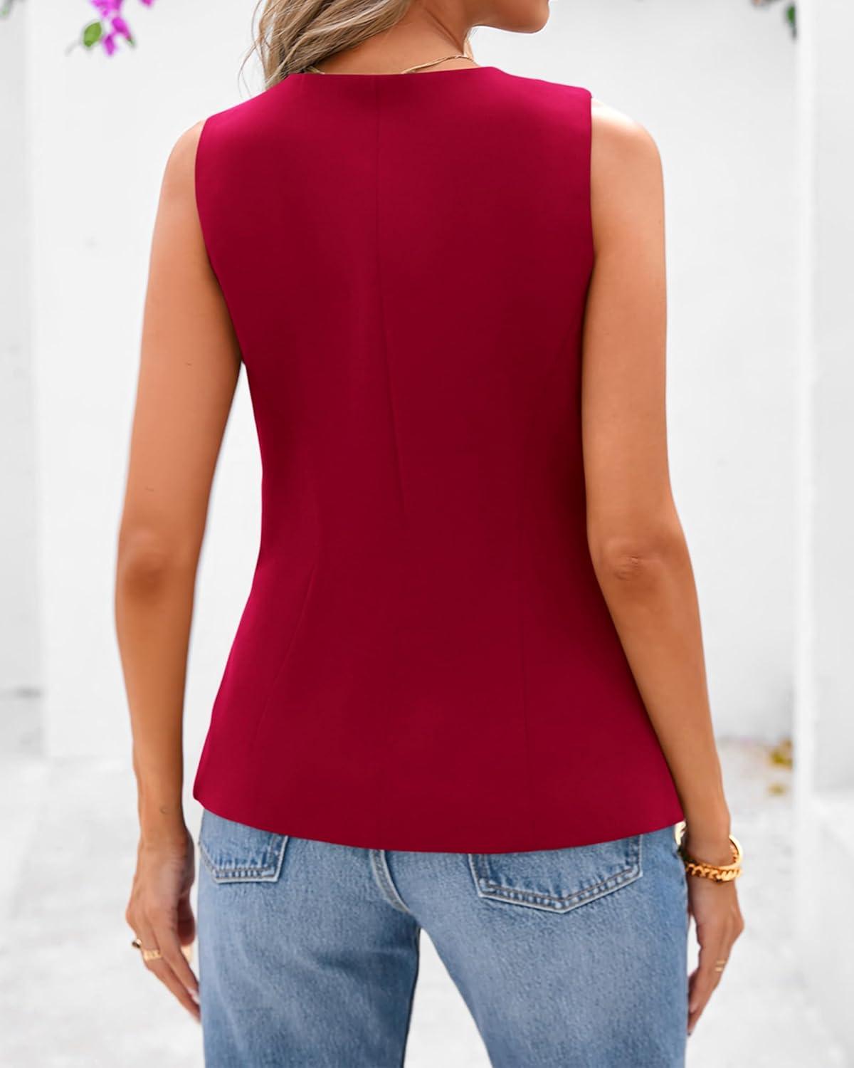 imageBTFBM Summer Sleeveless Blazer Vest For Women Dressy Button Down Round Neck Business Casual Outfits Work Suit Vests TopsRed
