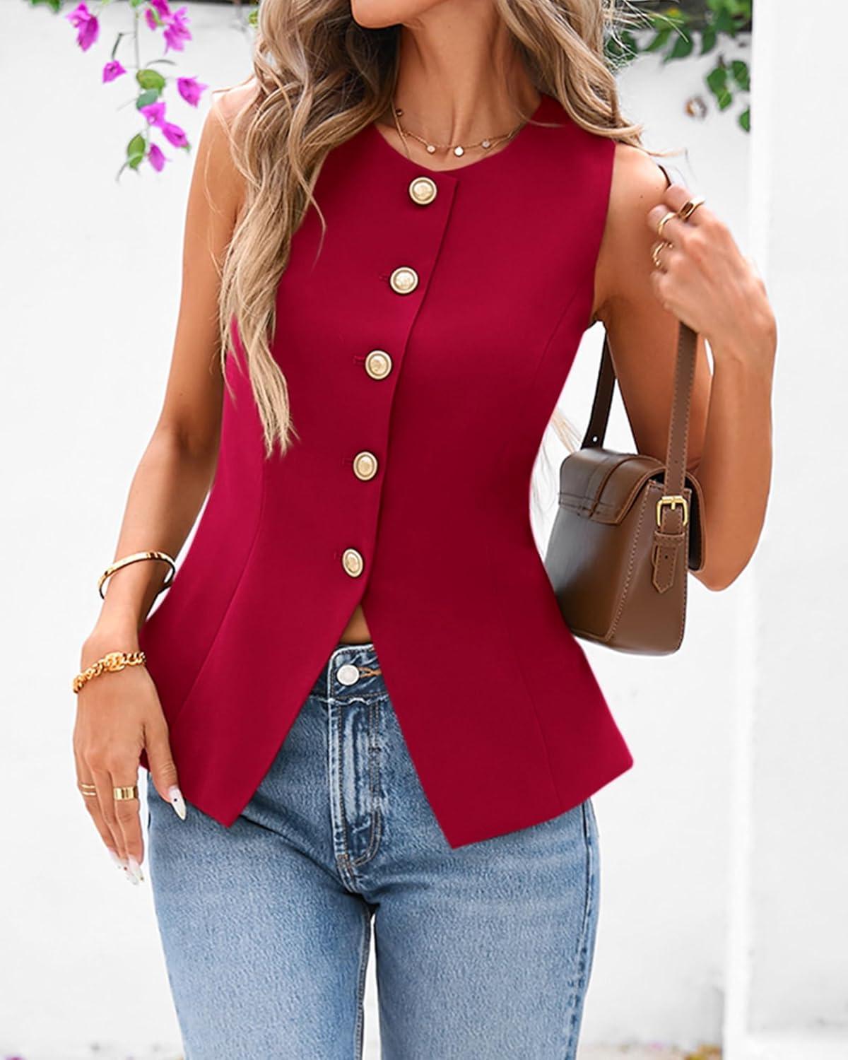 imageBTFBM Summer Sleeveless Blazer Vest For Women Dressy Button Down Round Neck Business Casual Outfits Work Suit Vests TopsRed