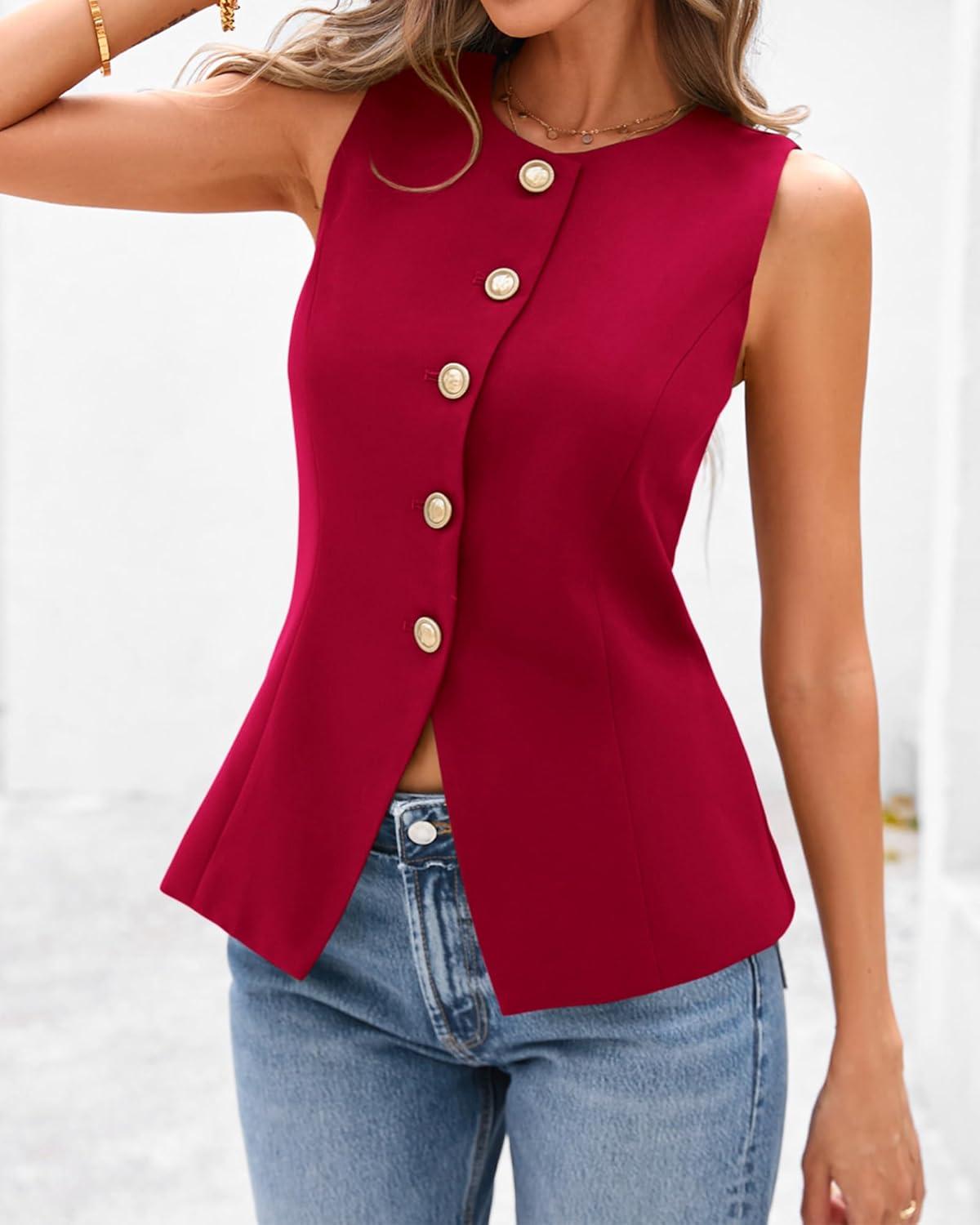 imageBTFBM Summer Sleeveless Blazer Vest For Women Dressy Button Down Round Neck Business Casual Outfits Work Suit Vests TopsRed