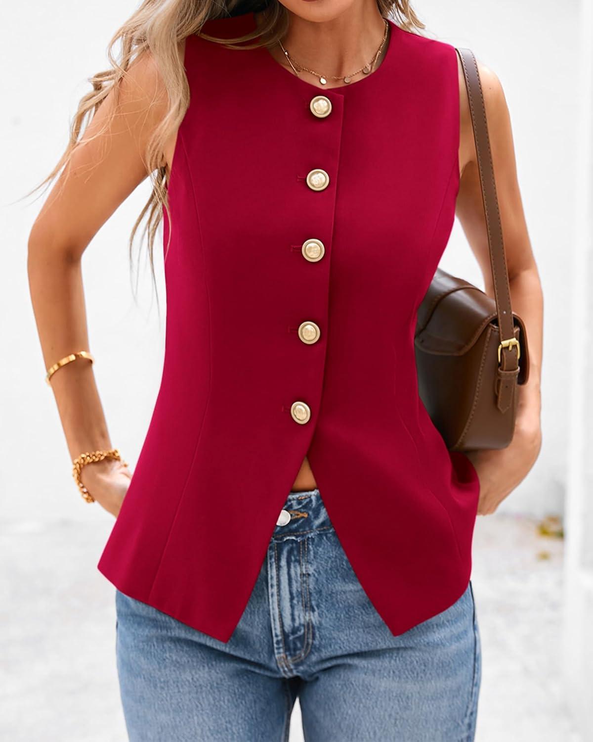 imageBTFBM Summer Sleeveless Blazer Vest For Women Dressy Button Down Round Neck Business Casual Outfits Work Suit Vests TopsRed