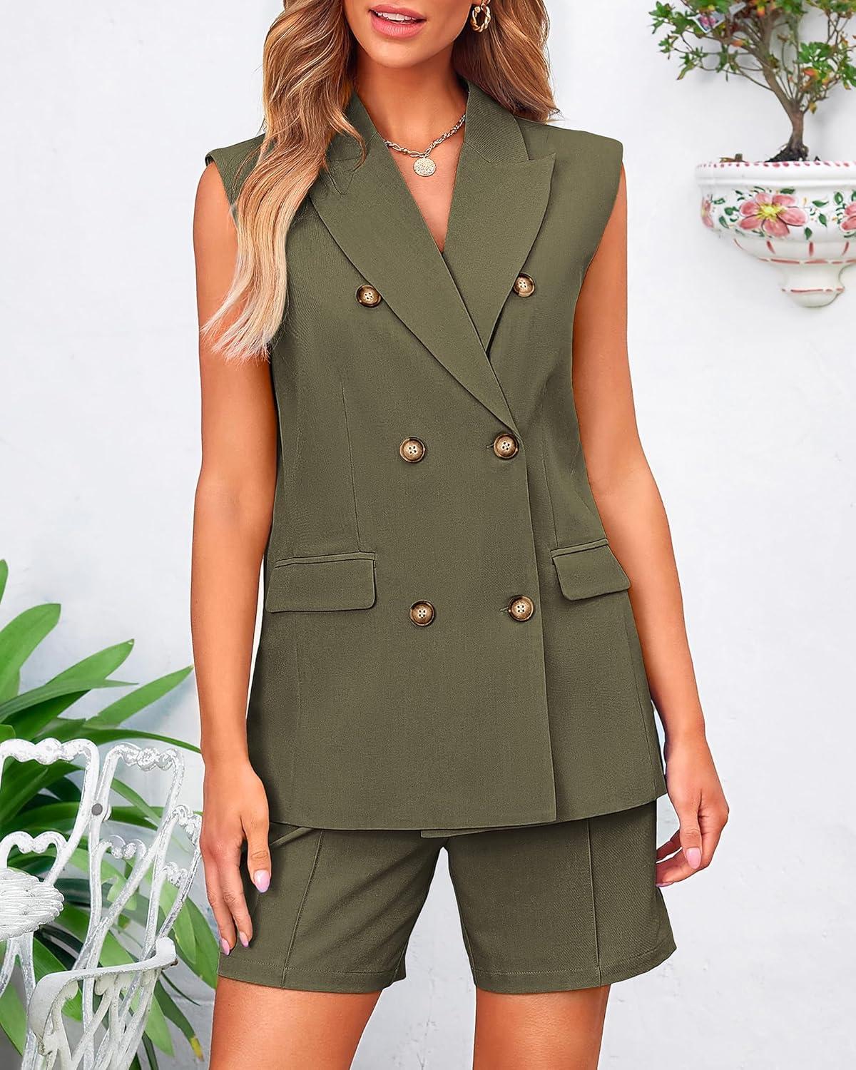 imageBTFBM Two Piece Sets For Women Spring 2026 Pockets Button Down Sleeveless Vest And Shorts Work Business Casual OutfitsArmy Green