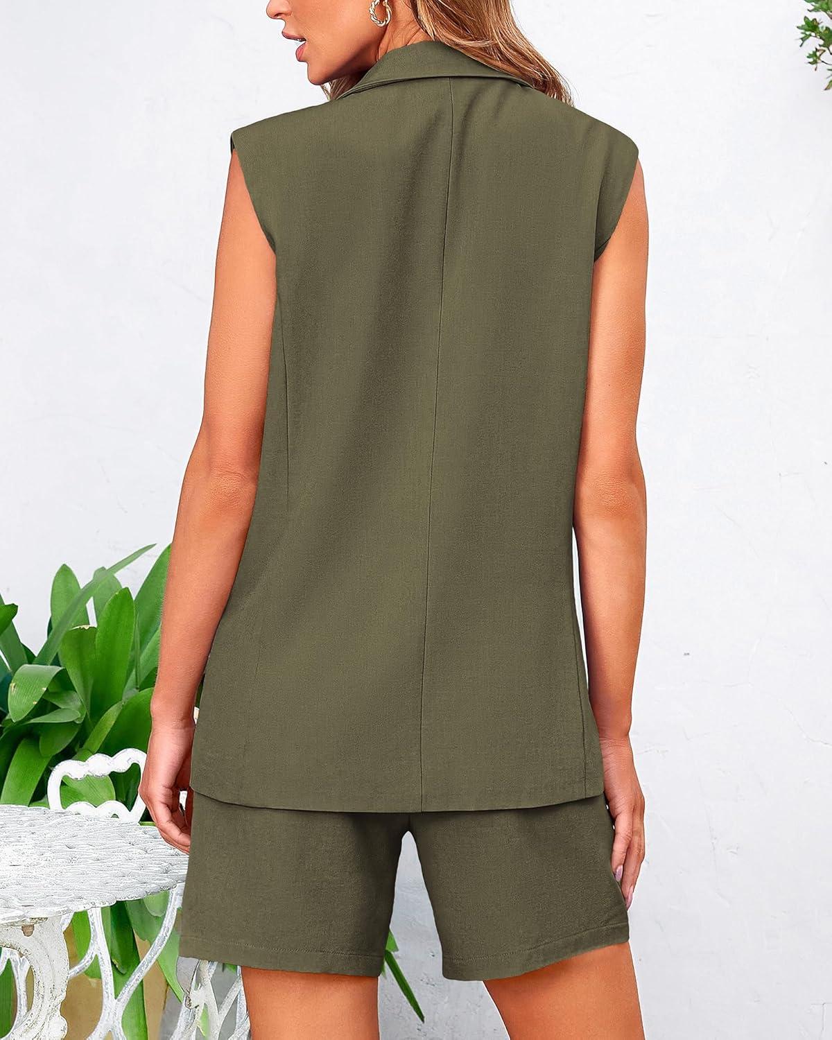 imageBTFBM Two Piece Sets For Women Spring 2026 Pockets Button Down Sleeveless Vest And Shorts Work Business Casual OutfitsArmy Green