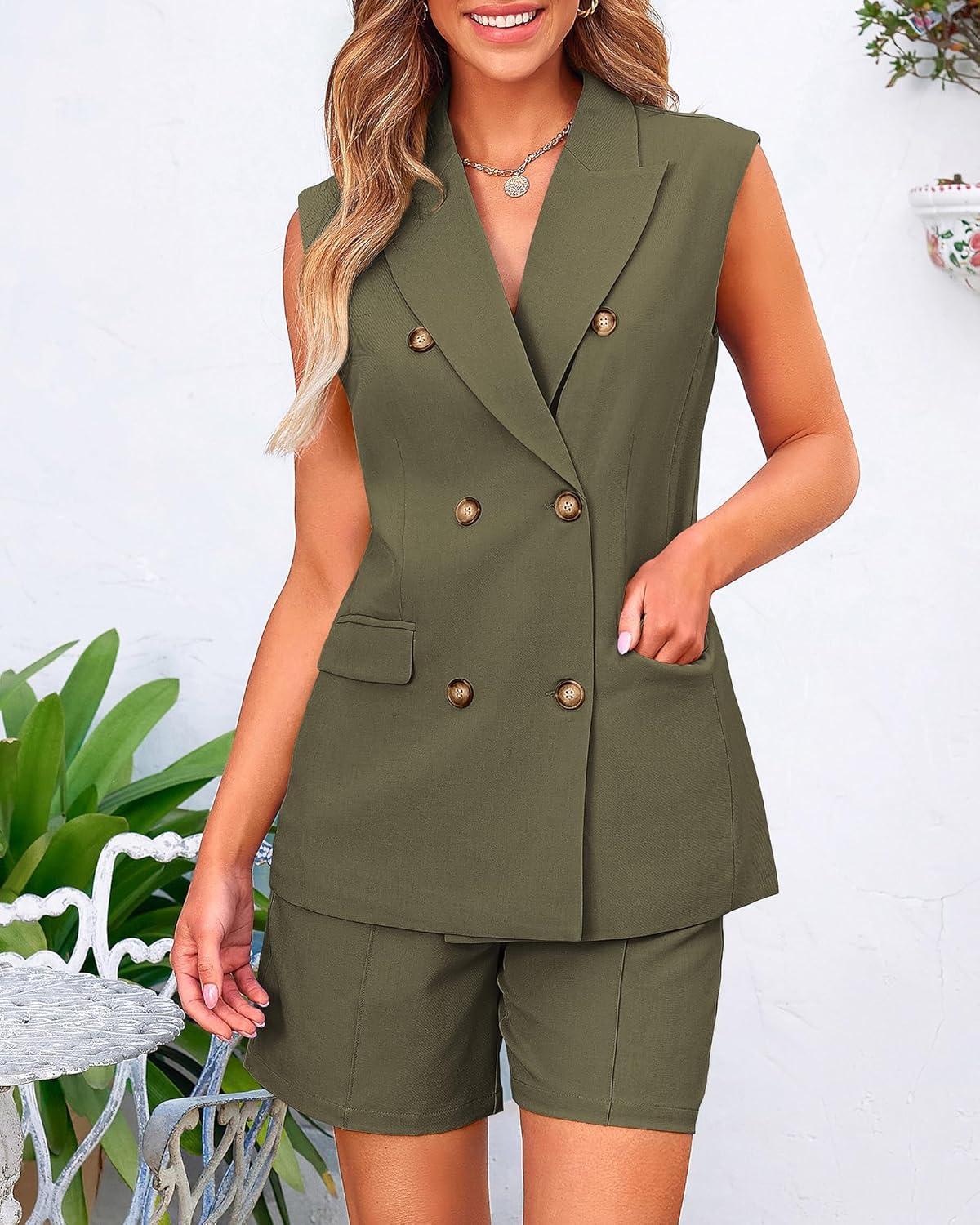 imageBTFBM Two Piece Sets For Women Spring 2026 Pockets Button Down Sleeveless Vest And Shorts Work Business Casual OutfitsArmy Green