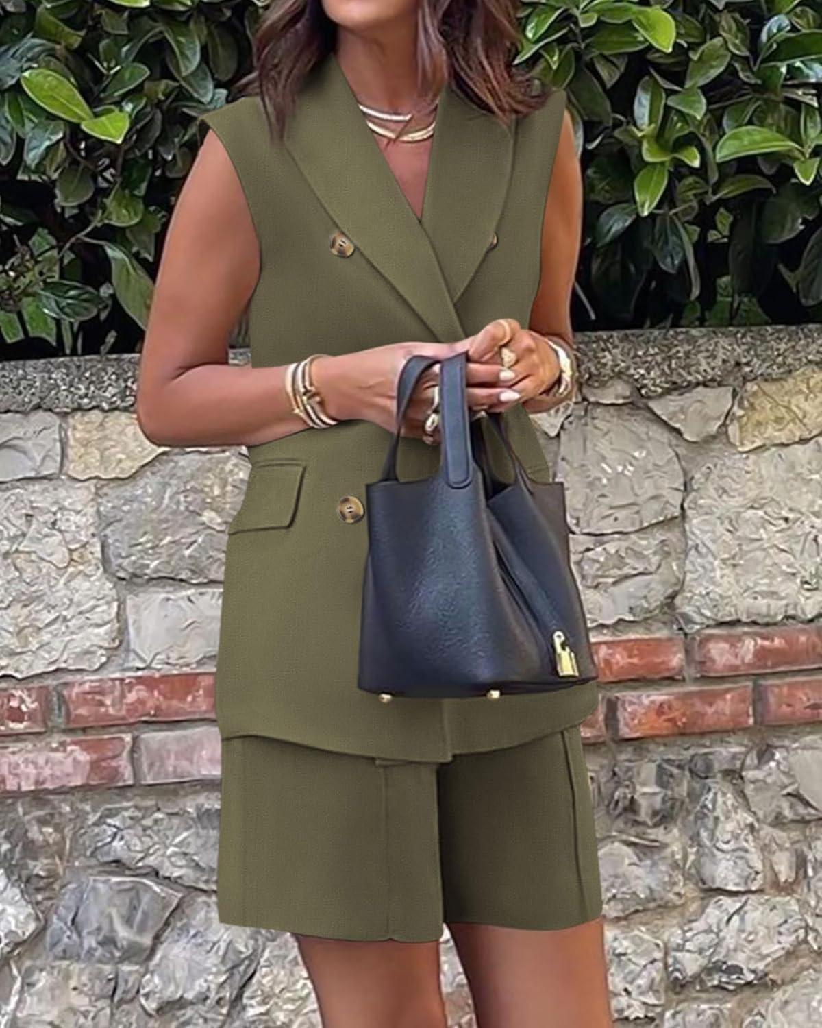imageBTFBM Two Piece Sets For Women Spring 2026 Pockets Button Down Sleeveless Vest And Shorts Work Business Casual OutfitsArmy Green