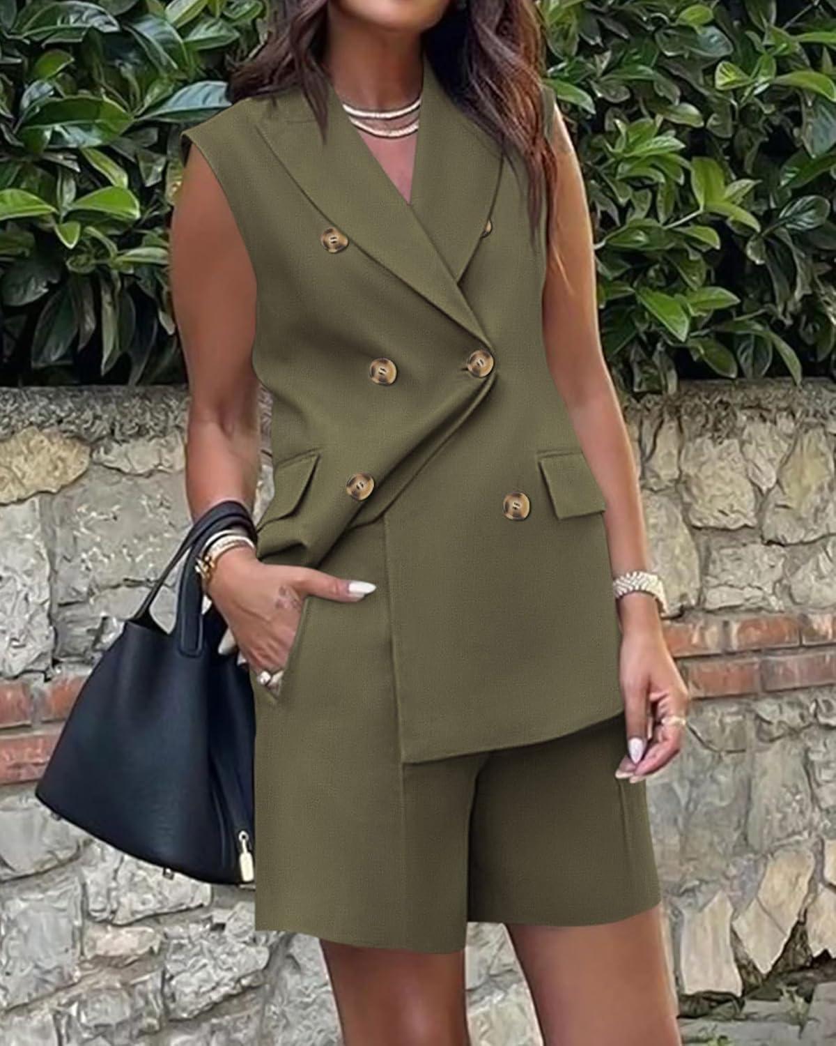 imageBTFBM Two Piece Sets For Women Spring 2026 Pockets Button Down Sleeveless Vest And Shorts Work Business Casual OutfitsArmy Green