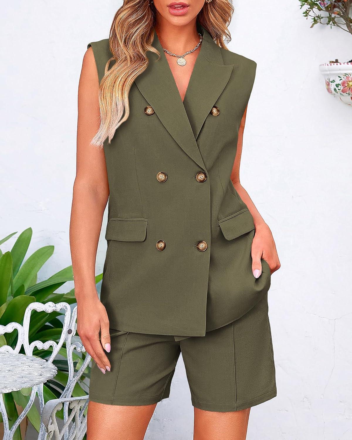 imageBTFBM Two Piece Sets For Women Spring 2026 Pockets Button Down Sleeveless Vest And Shorts Work Business Casual OutfitsArmy Green