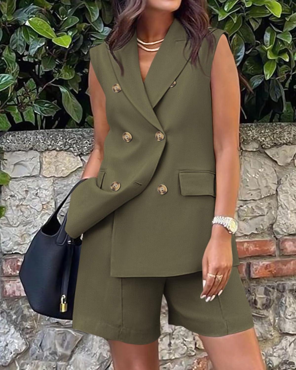 imageBTFBM Two Piece Sets For Women Spring 2026 Pockets Button Down Sleeveless Vest And Shorts Work Business Casual OutfitsArmy Green