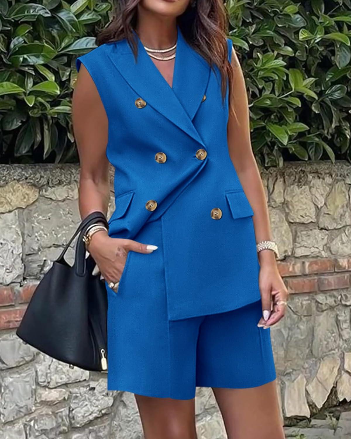 imageBTFBM Two Piece Sets For Women Spring 2026 Pockets Button Down Sleeveless Vest And Shorts Work Business Casual OutfitsBaobl