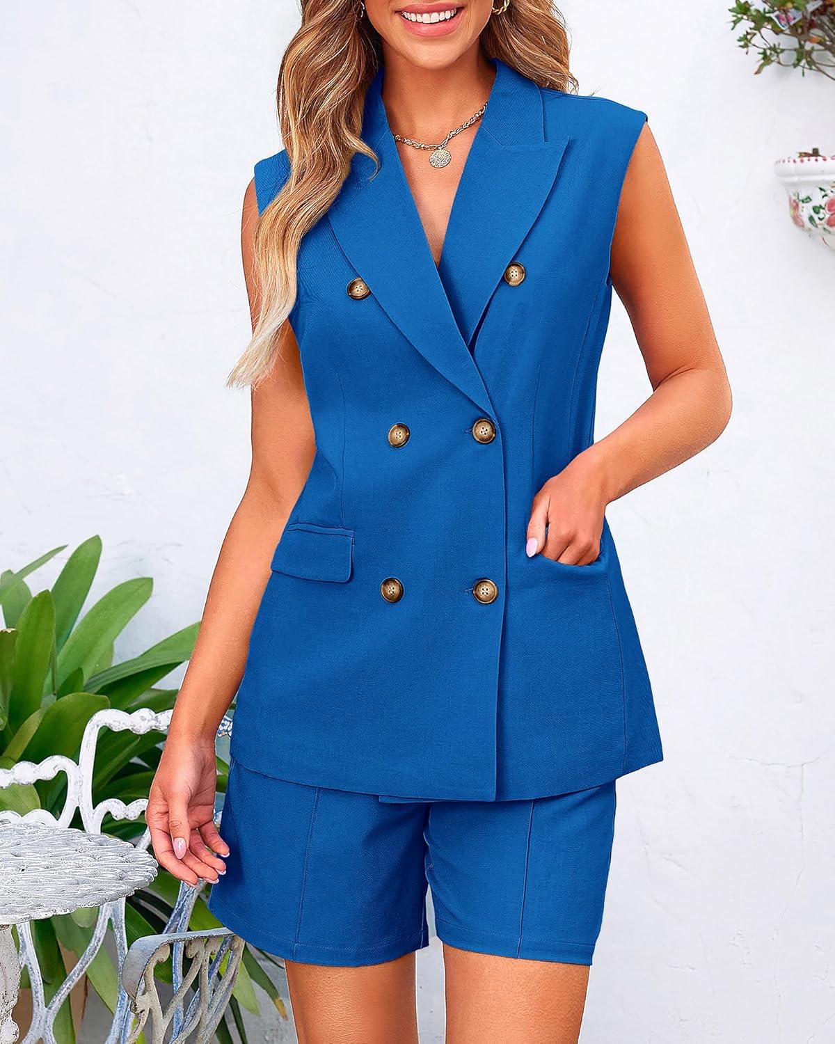 imageBTFBM Two Piece Sets For Women Spring 2026 Pockets Button Down Sleeveless Vest And Shorts Work Business Casual OutfitsBaobl