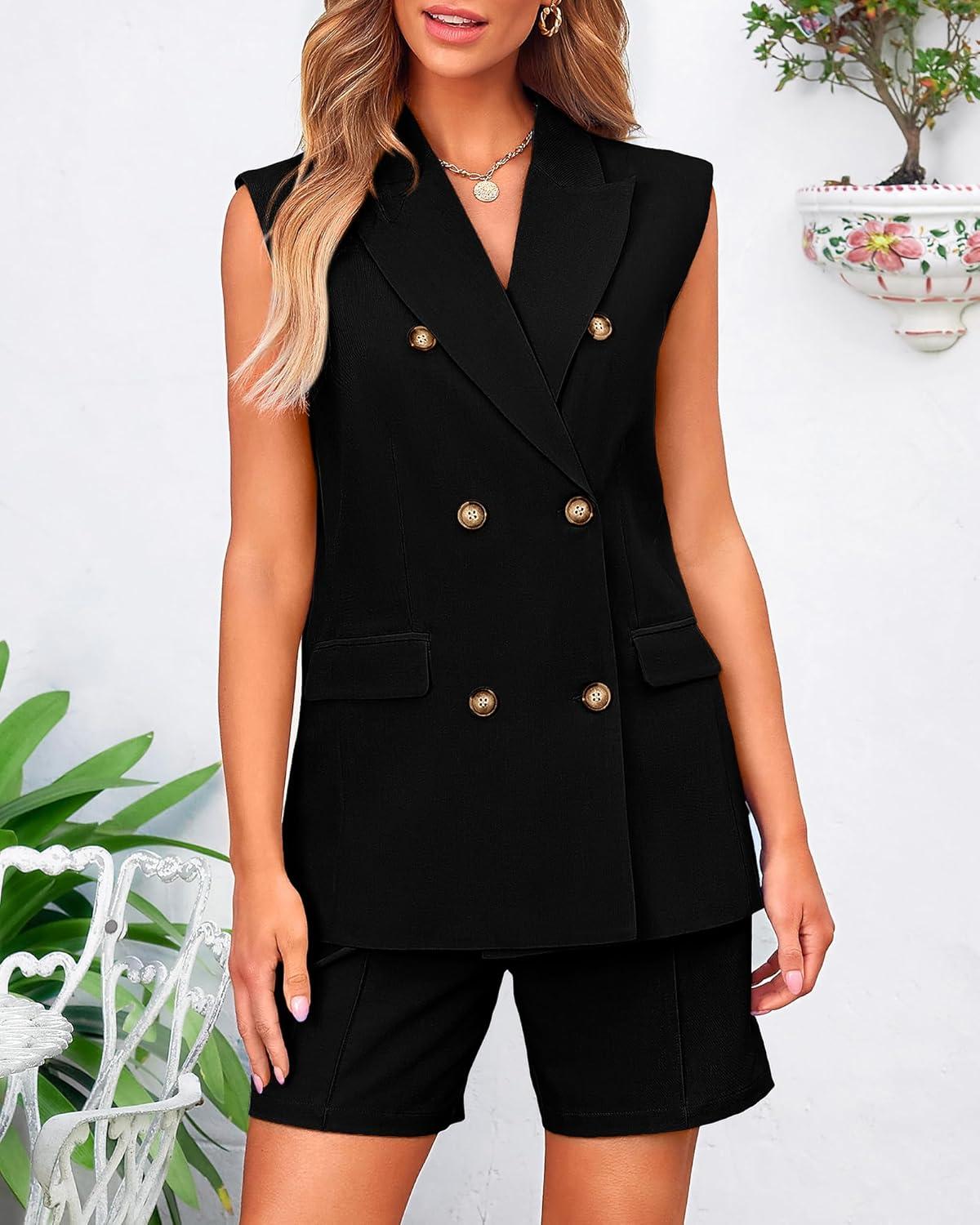 imageBTFBM Two Piece Sets For Women Spring 2026 Pockets Button Down Sleeveless Vest And Shorts Work Business Casual OutfitsBlack