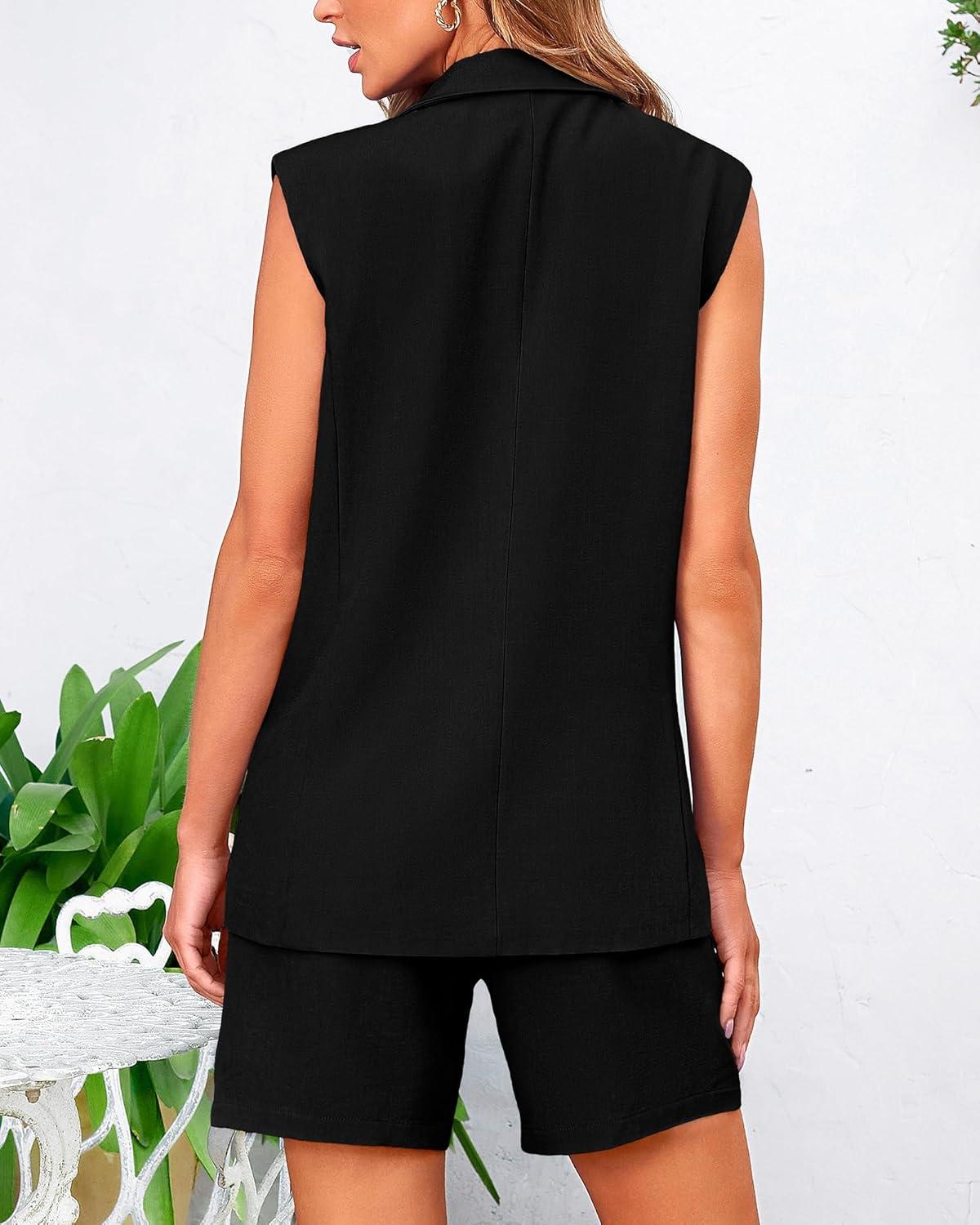imageBTFBM Two Piece Sets For Women Spring 2026 Pockets Button Down Sleeveless Vest And Shorts Work Business Casual OutfitsBlack
