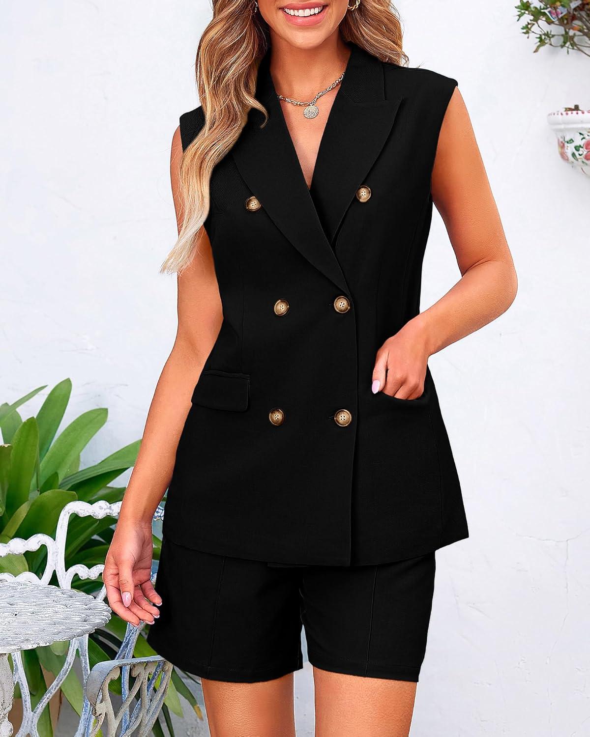 imageBTFBM Two Piece Sets For Women Spring 2026 Pockets Button Down Sleeveless Vest And Shorts Work Business Casual OutfitsBlack