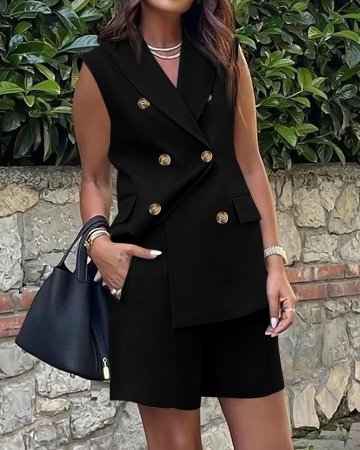 imageBTFBM Two Piece Sets For Women Spring 2026 Pockets Button Down Sleeveless Vest And Shorts Work Business Casual OutfitsBlack