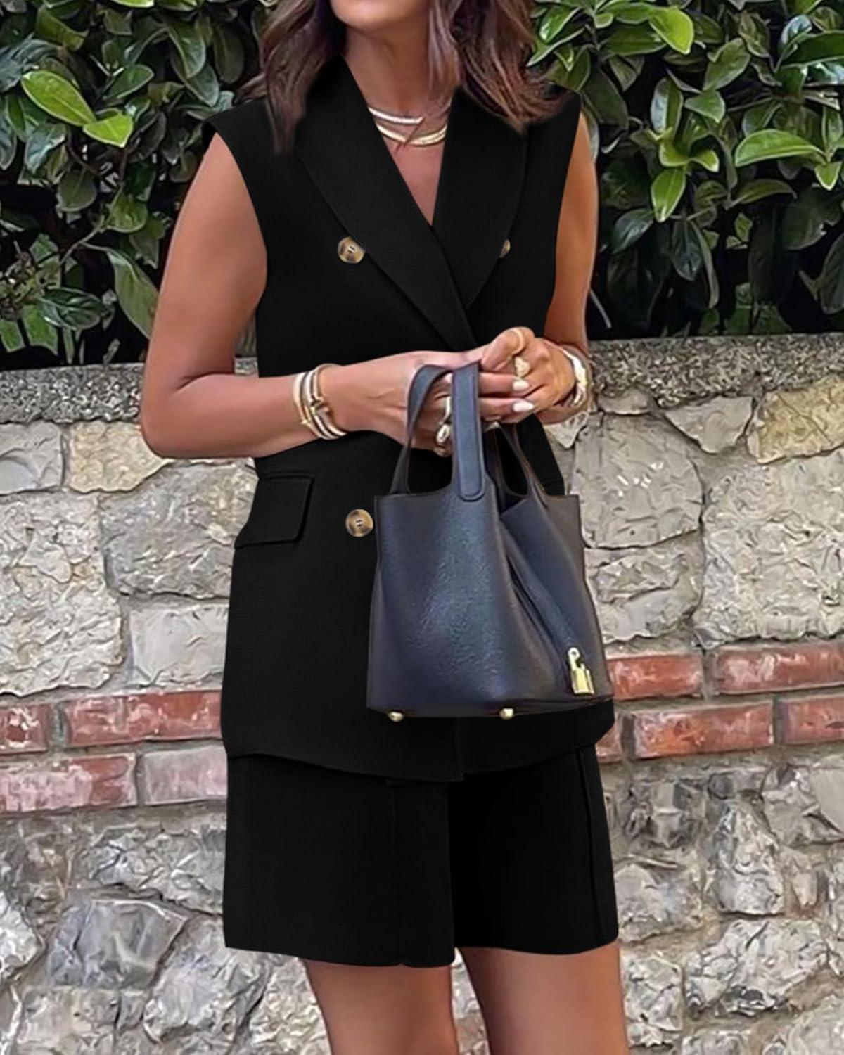 imageBTFBM Two Piece Sets For Women Spring 2026 Pockets Button Down Sleeveless Vest And Shorts Work Business Casual OutfitsBlack