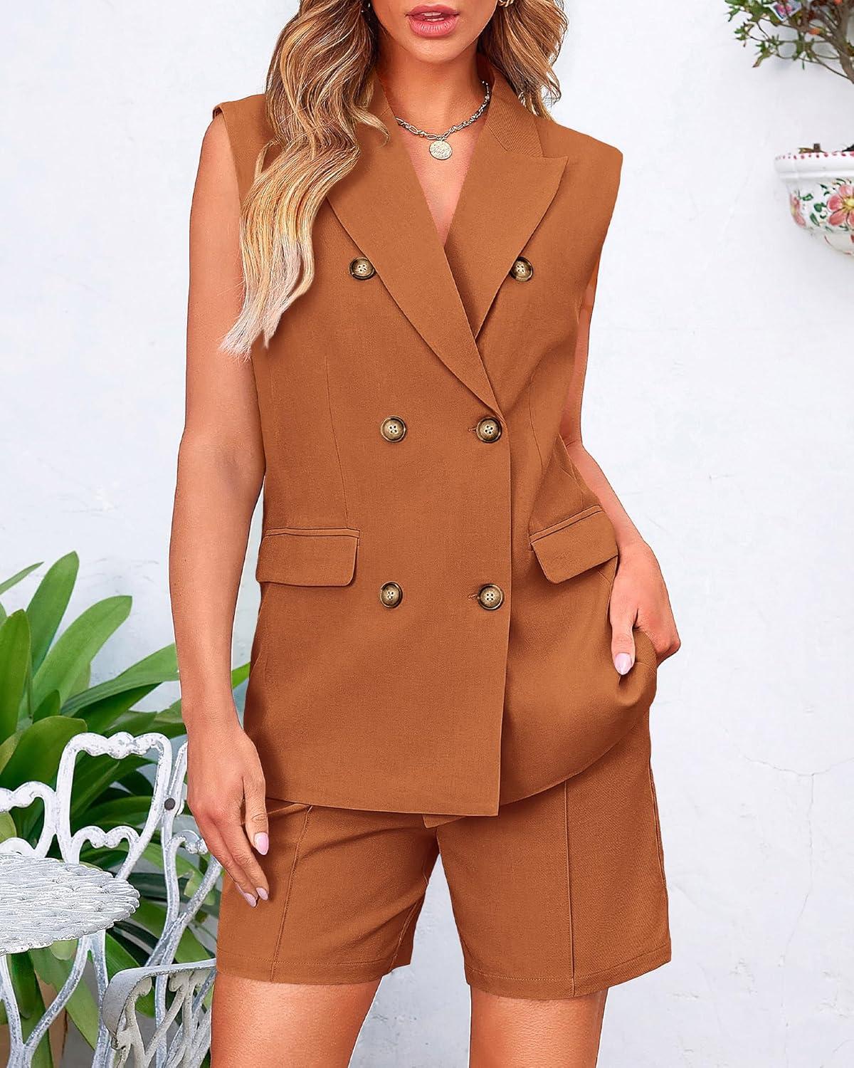 imageBTFBM Two Piece Sets For Women Spring 2026 Pockets Button Down Sleeveless Vest And Shorts Work Business Casual OutfitsBrick Red