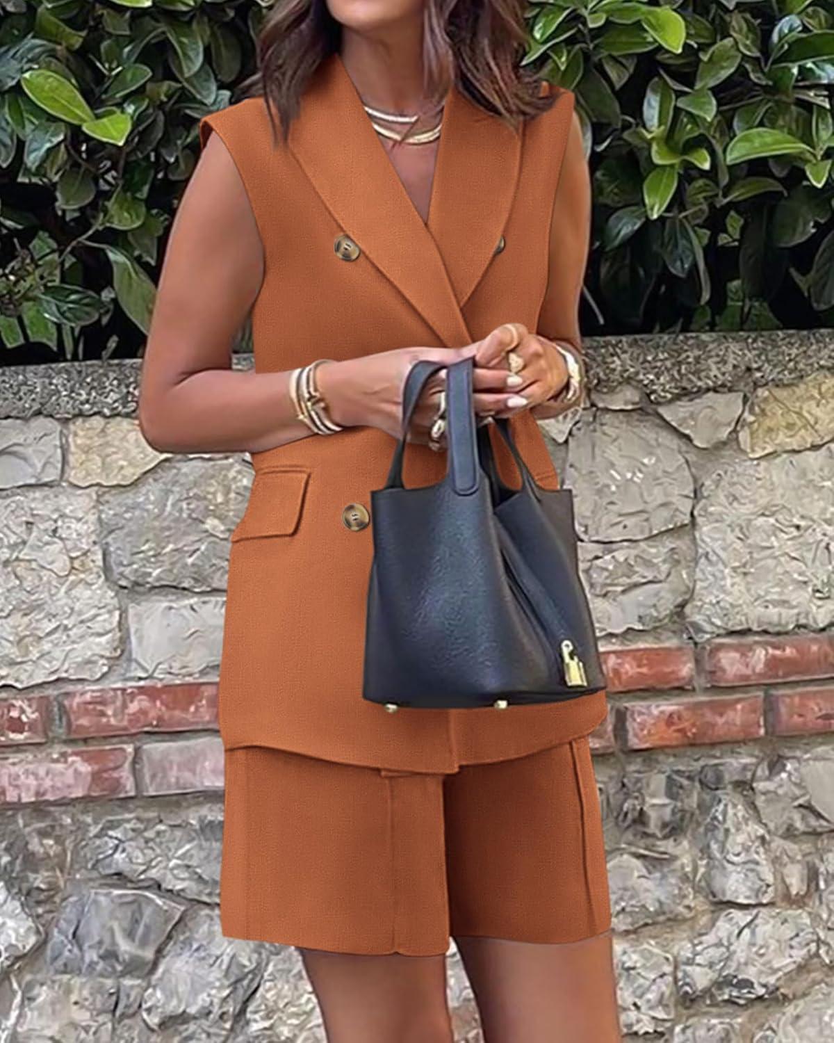 imageBTFBM Two Piece Sets For Women Spring 2026 Pockets Button Down Sleeveless Vest And Shorts Work Business Casual OutfitsBrick Red