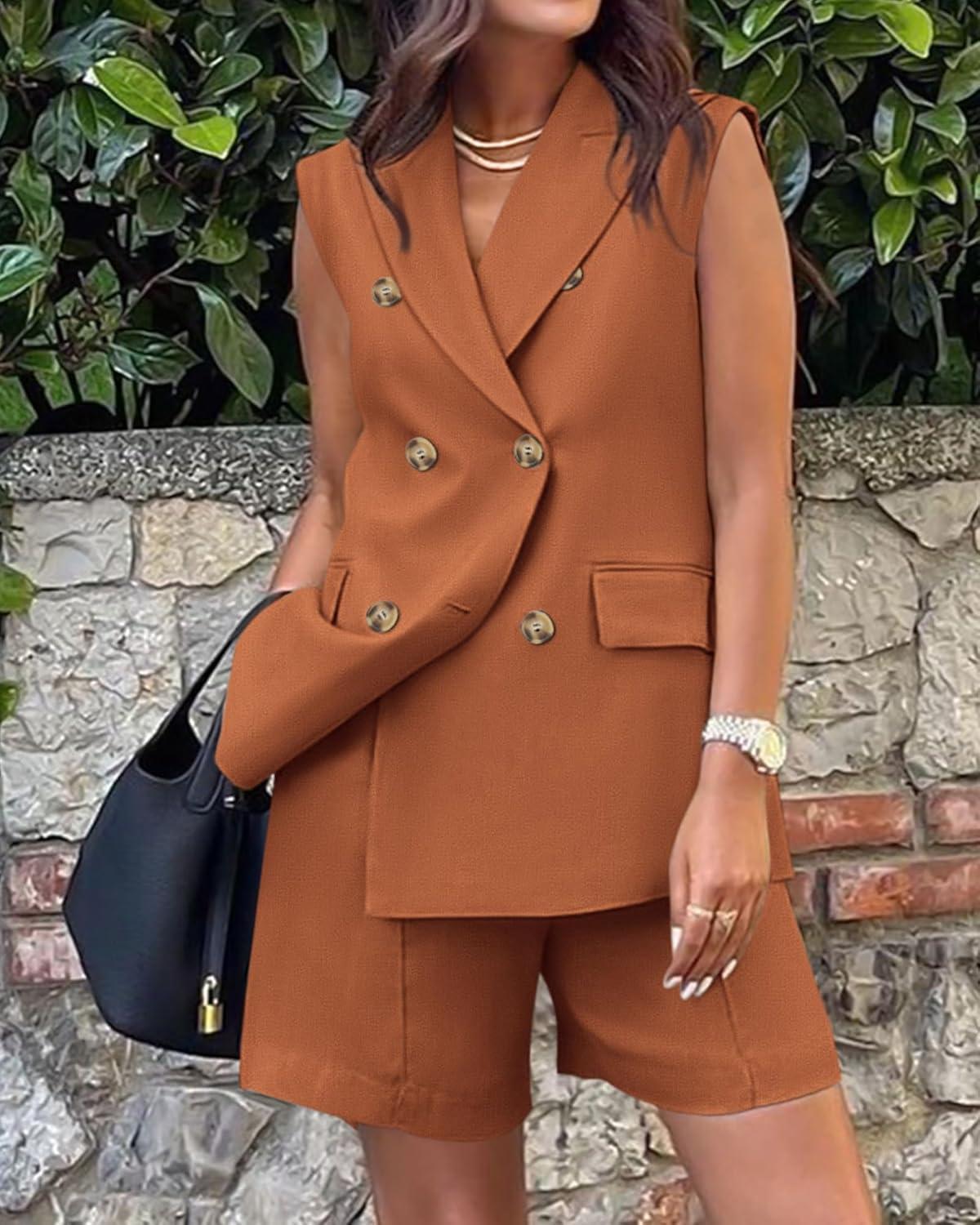 imageBTFBM Two Piece Sets For Women Spring 2026 Pockets Button Down Sleeveless Vest And Shorts Work Business Casual OutfitsBrick Red