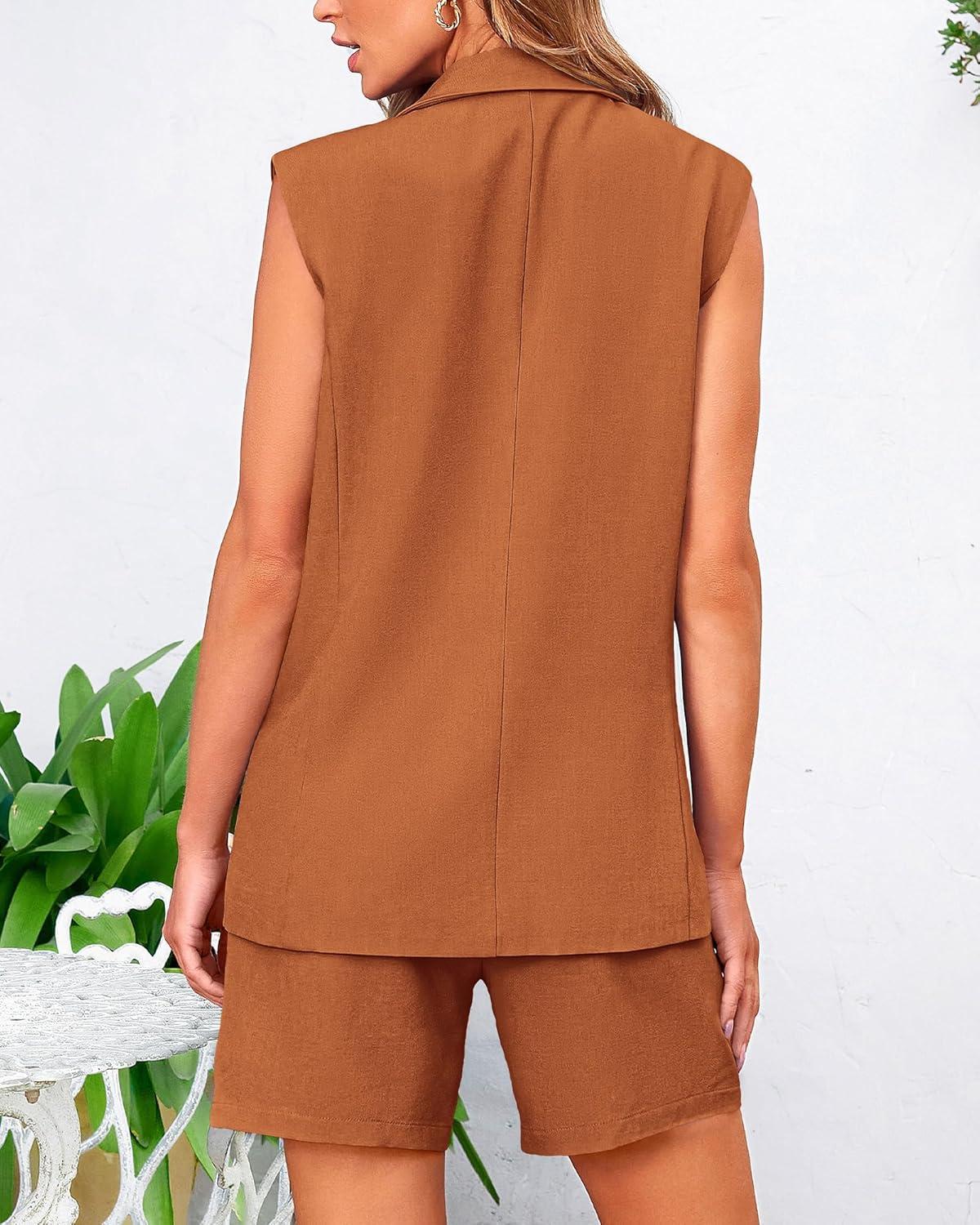 imageBTFBM Two Piece Sets For Women Spring 2026 Pockets Button Down Sleeveless Vest And Shorts Work Business Casual OutfitsBrick Red
