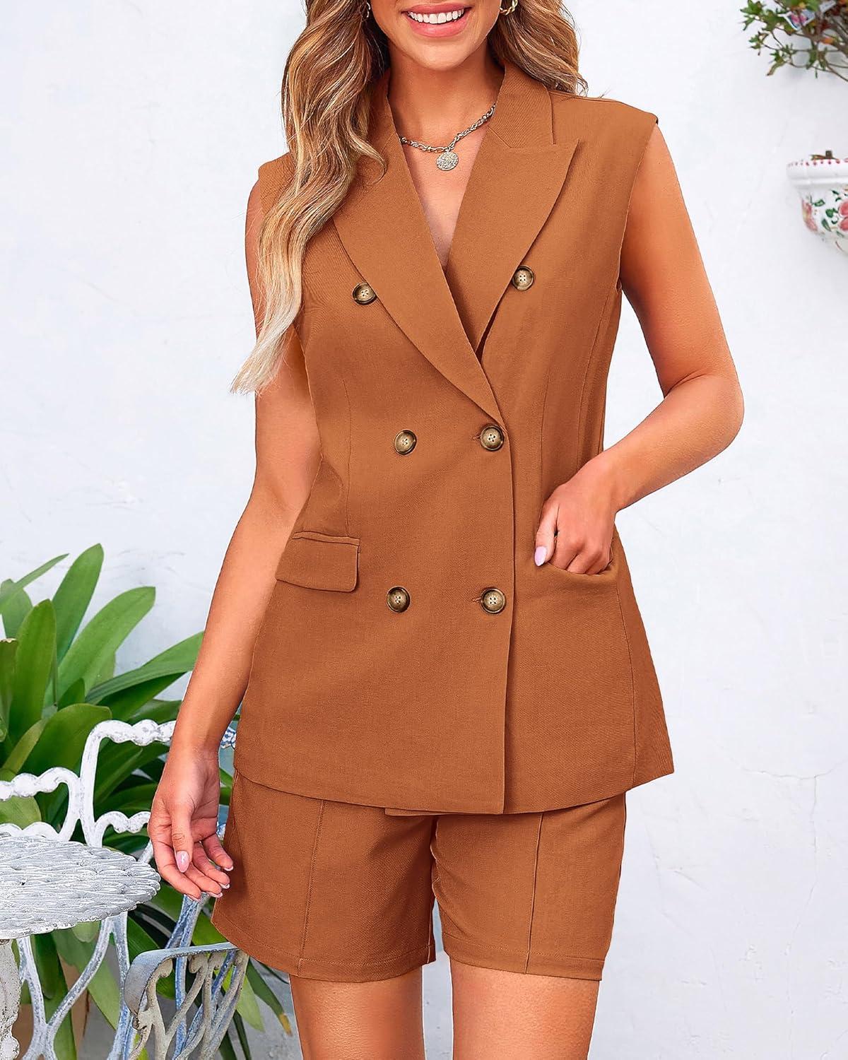 imageBTFBM Two Piece Sets For Women Spring 2026 Pockets Button Down Sleeveless Vest And Shorts Work Business Casual OutfitsBrick Red