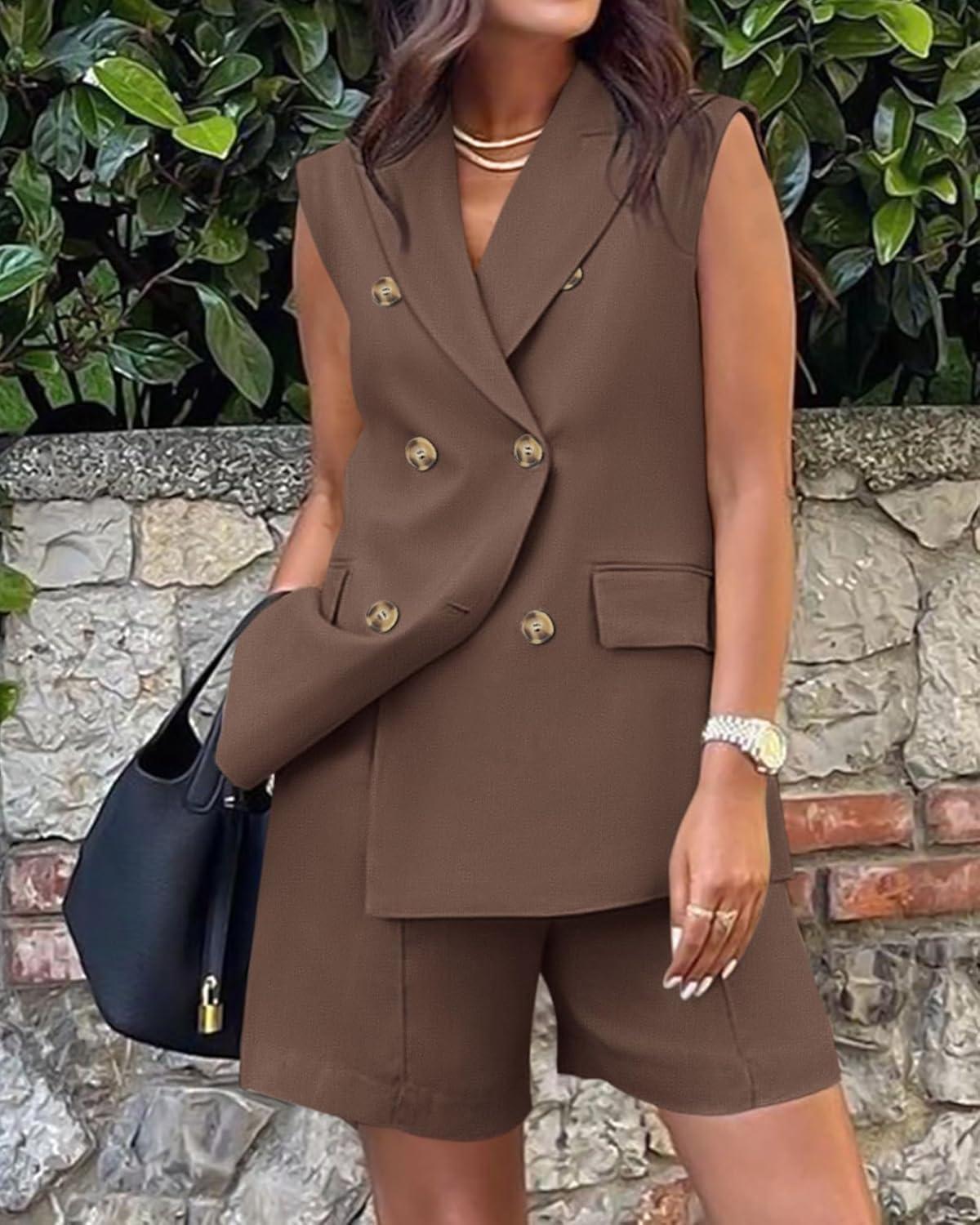 imageBTFBM Two Piece Sets For Women Spring 2026 Pockets Button Down Sleeveless Vest And Shorts Work Business Casual OutfitsCoffee