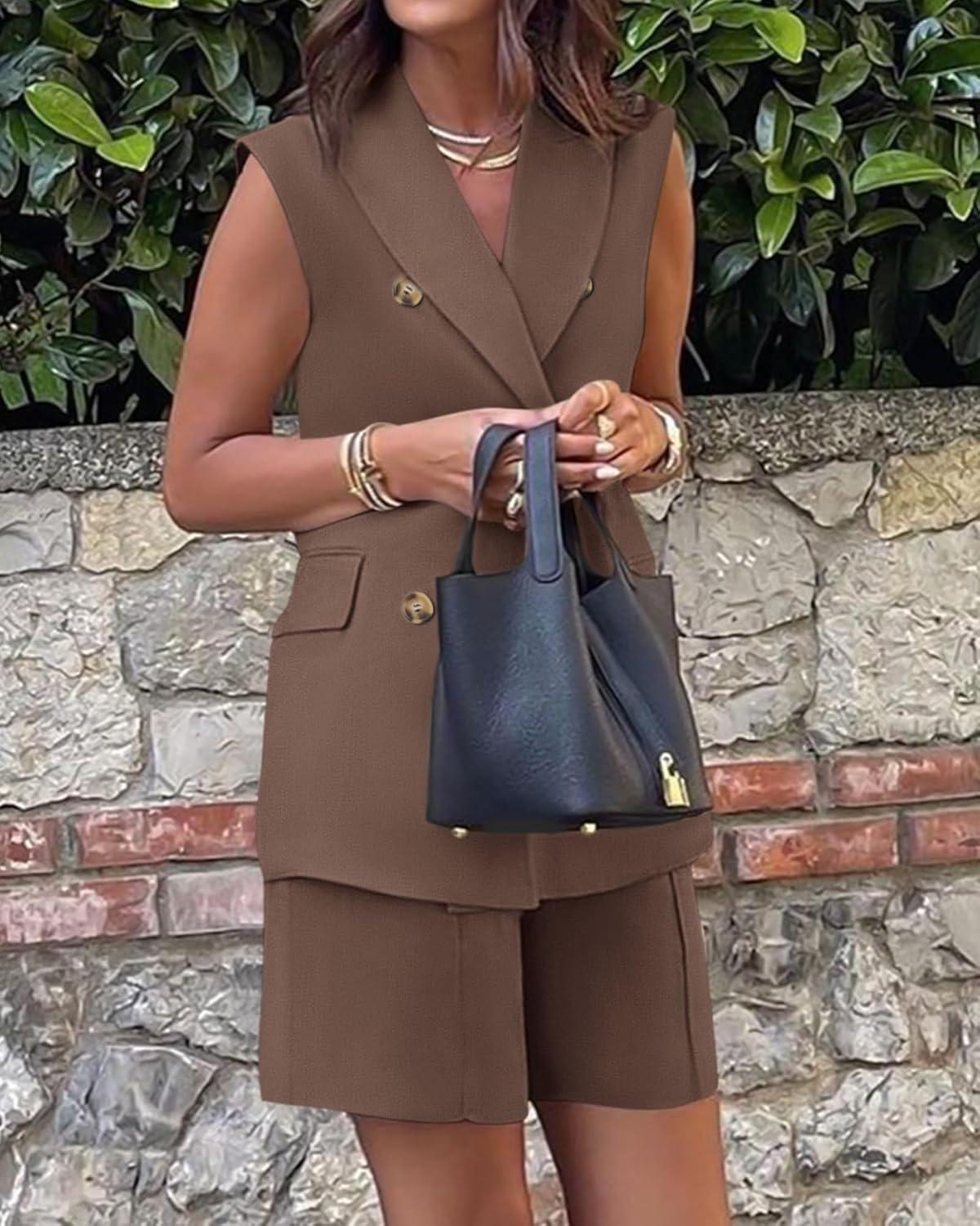 imageBTFBM Two Piece Sets For Women Spring 2026 Pockets Button Down Sleeveless Vest And Shorts Work Business Casual OutfitsCoffee