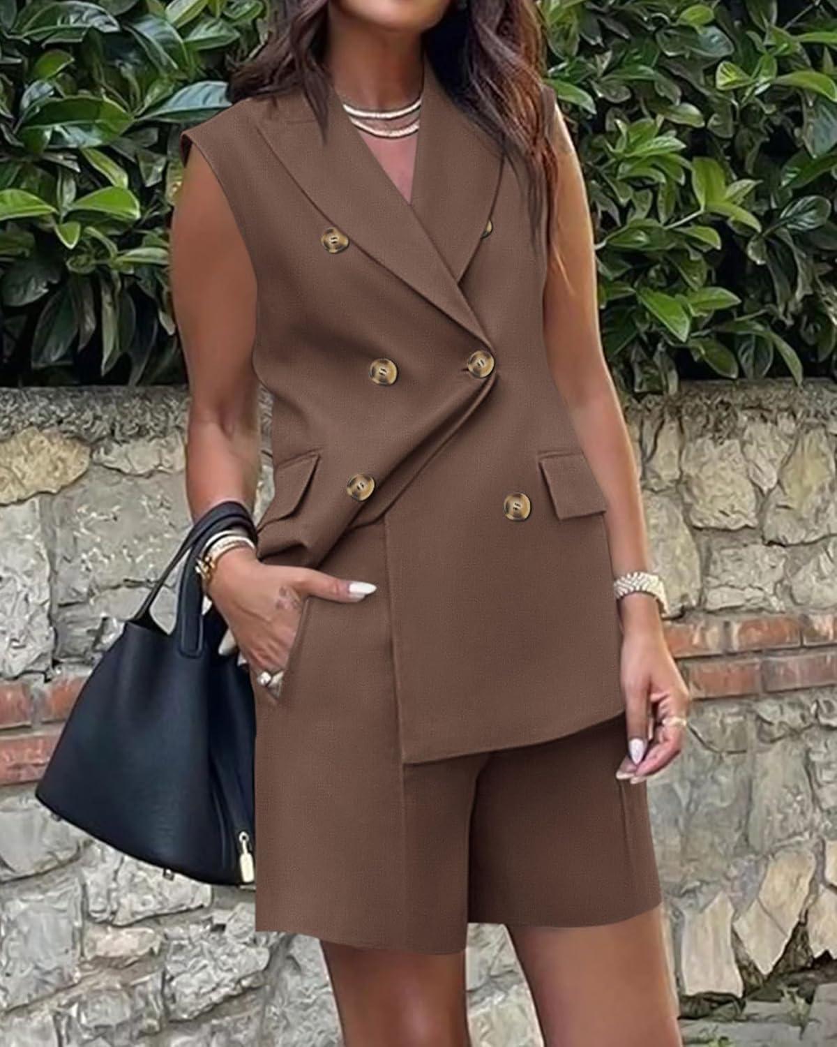 imageBTFBM Two Piece Sets For Women Spring 2026 Pockets Button Down Sleeveless Vest And Shorts Work Business Casual OutfitsCoffee