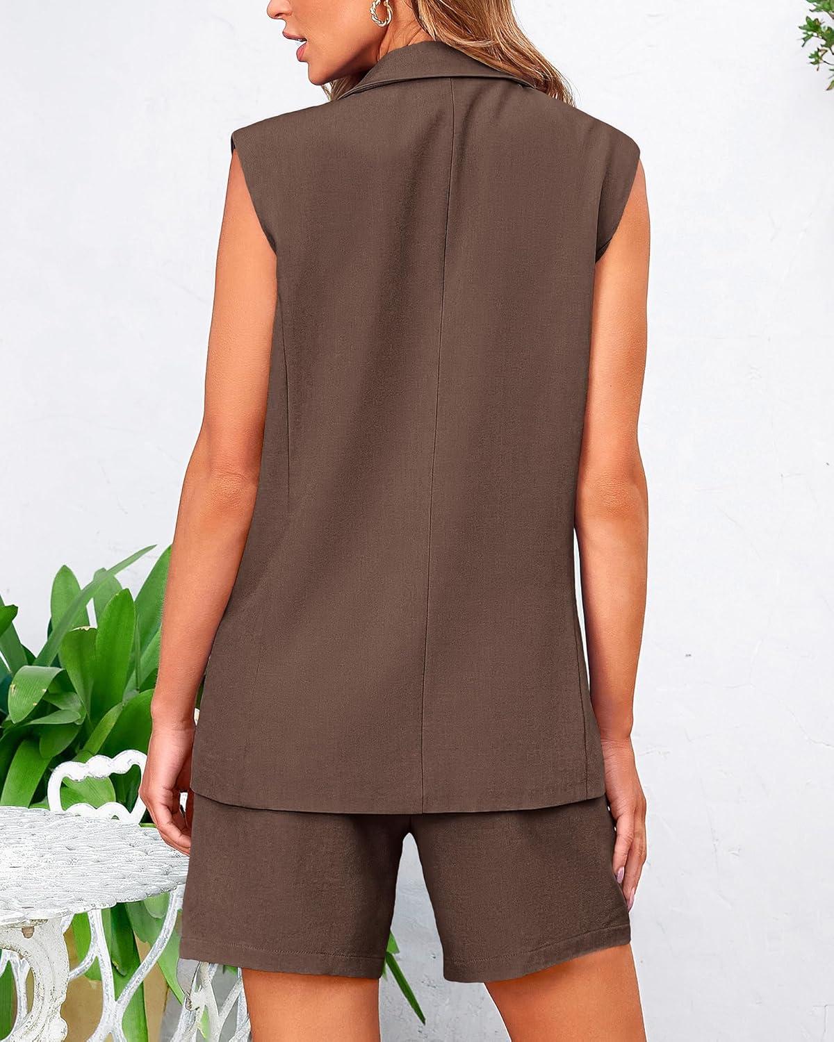 imageBTFBM Two Piece Sets For Women Spring 2026 Pockets Button Down Sleeveless Vest And Shorts Work Business Casual OutfitsCoffee