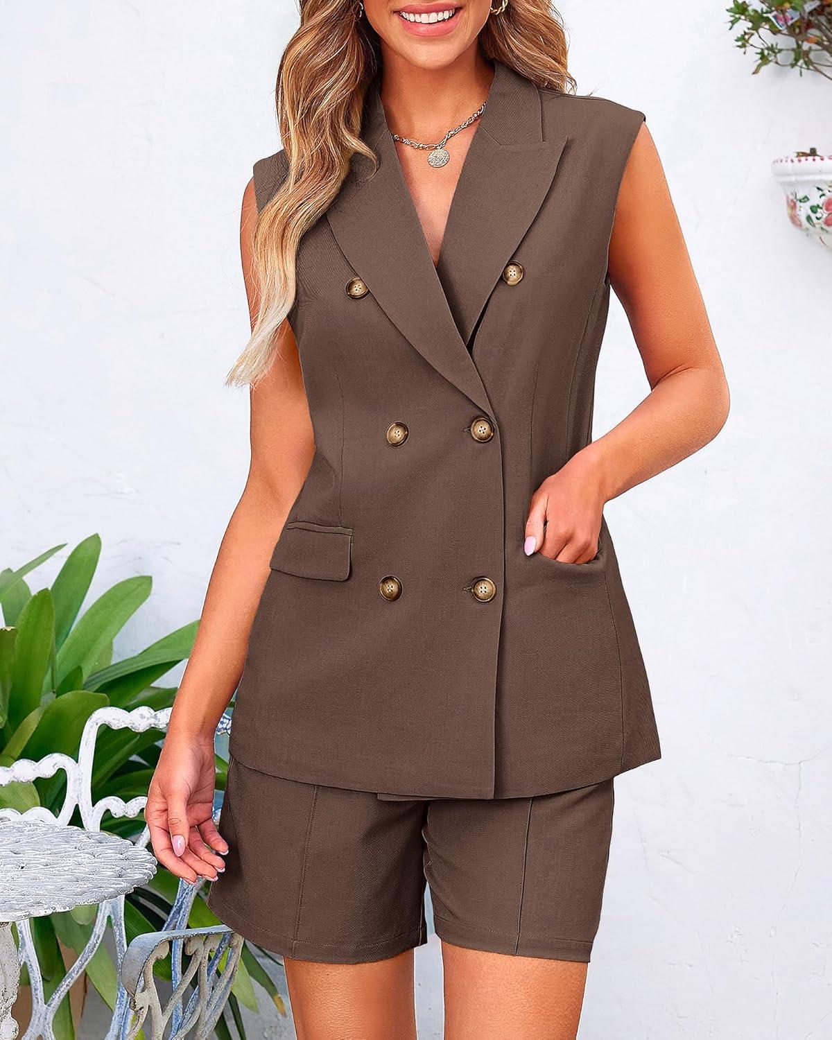 imageBTFBM Two Piece Sets For Women Spring 2026 Pockets Button Down Sleeveless Vest And Shorts Work Business Casual OutfitsCoffee