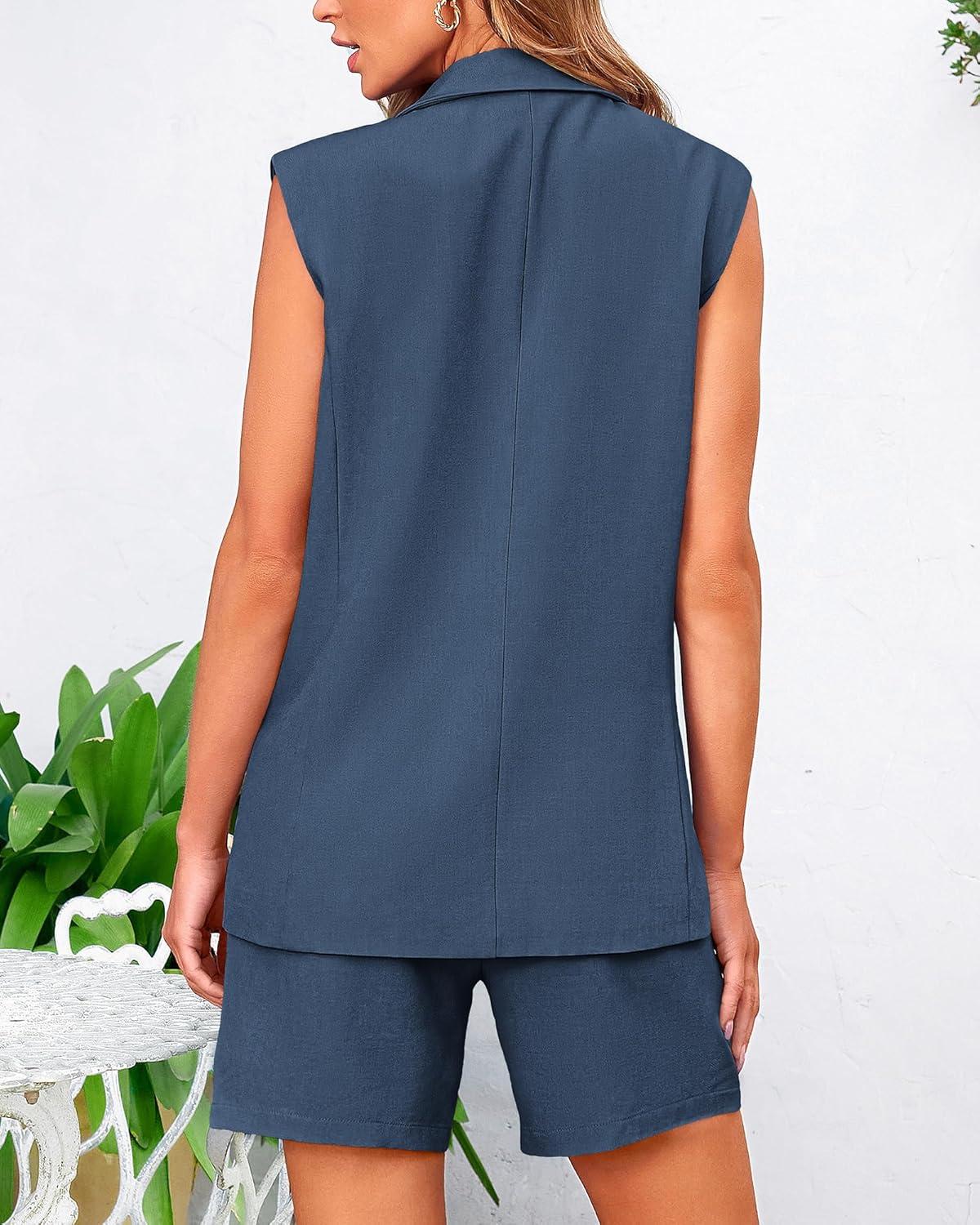 imageBTFBM Two Piece Sets For Women Spring 2026 Pockets Button Down Sleeveless Vest And Shorts Work Business Casual OutfitsDenim Blue
