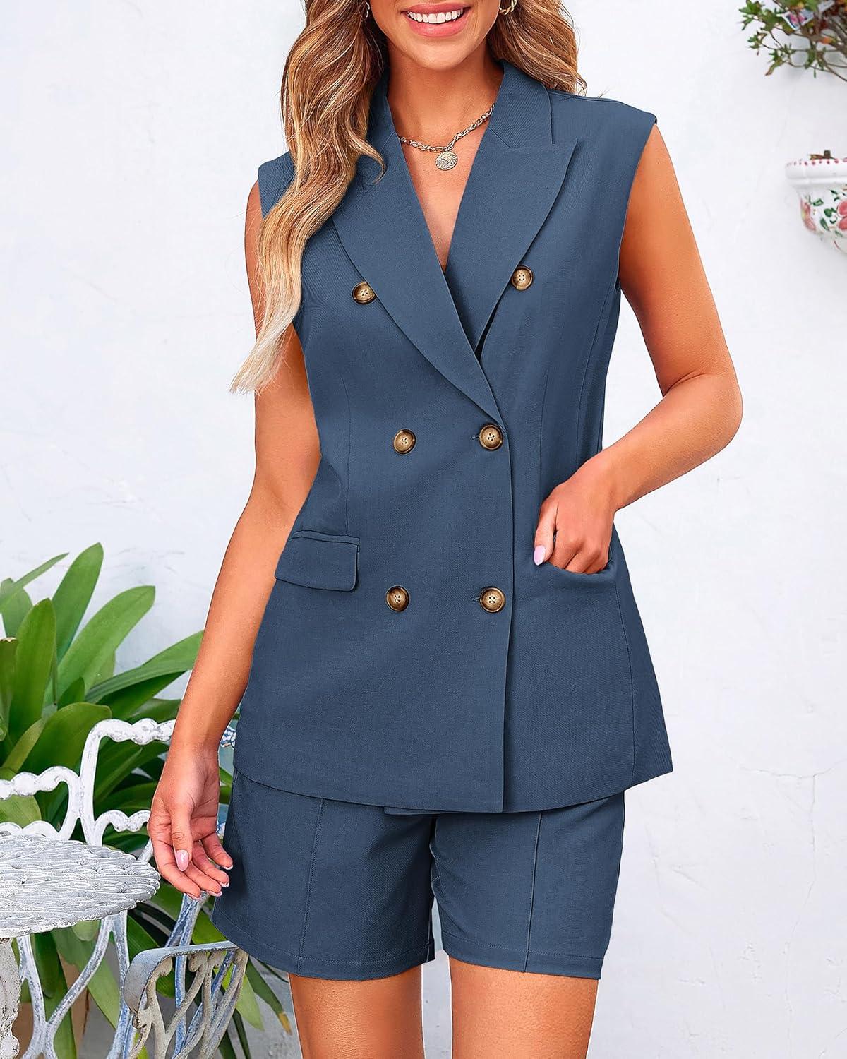 imageBTFBM Two Piece Sets For Women Spring 2026 Pockets Button Down Sleeveless Vest And Shorts Work Business Casual OutfitsDenim Blue
