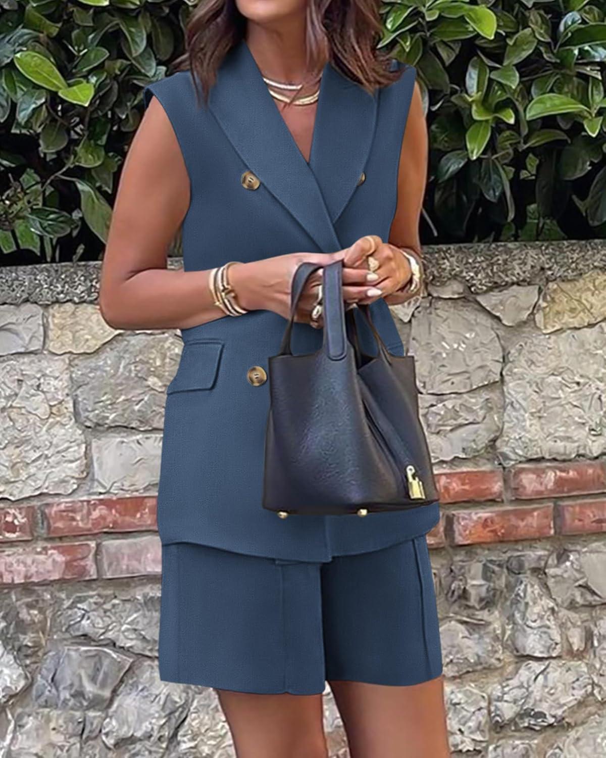 imageBTFBM Two Piece Sets For Women Spring 2026 Pockets Button Down Sleeveless Vest And Shorts Work Business Casual OutfitsDenim Blue