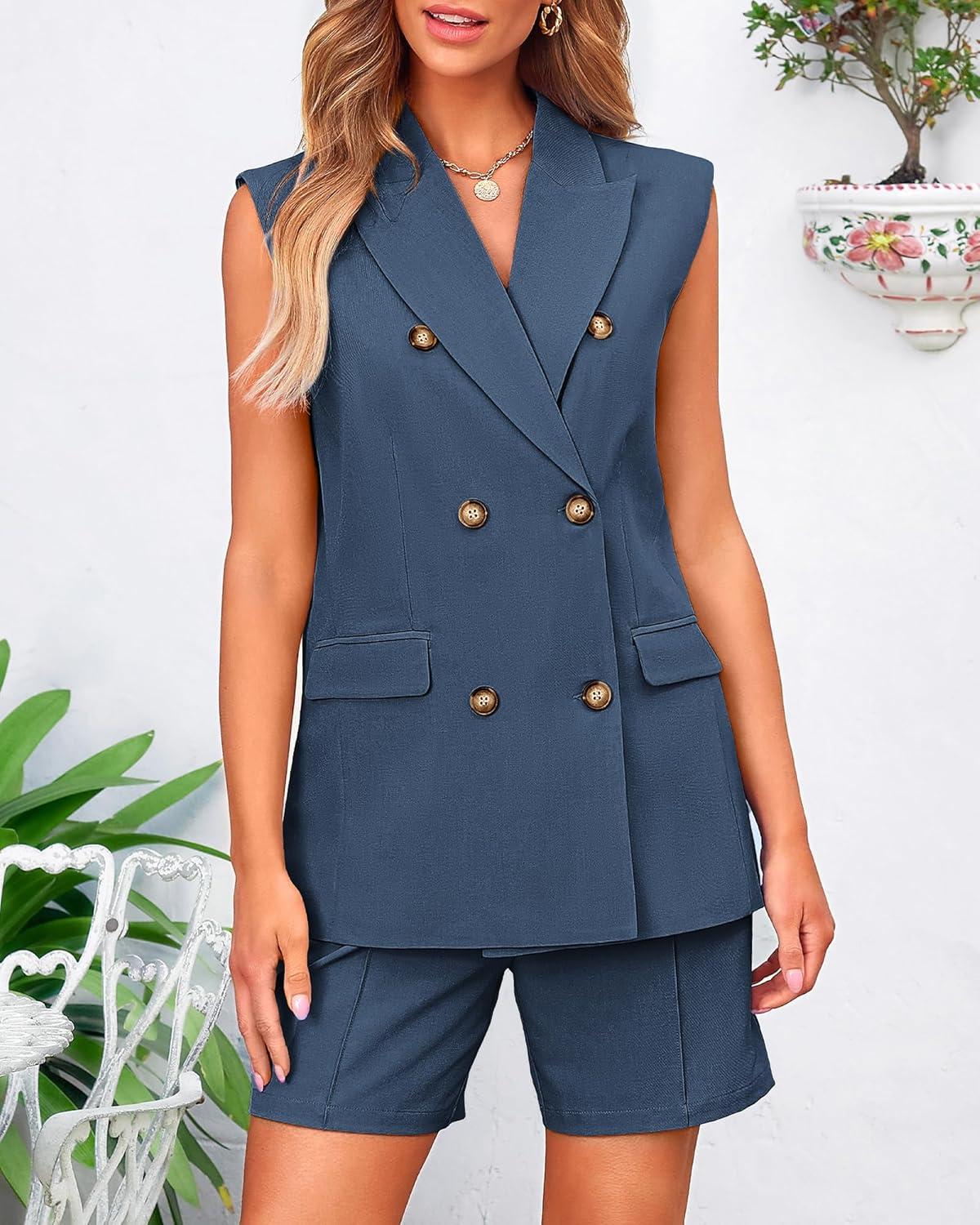 imageBTFBM Two Piece Sets For Women Spring 2026 Pockets Button Down Sleeveless Vest And Shorts Work Business Casual OutfitsDenim Blue