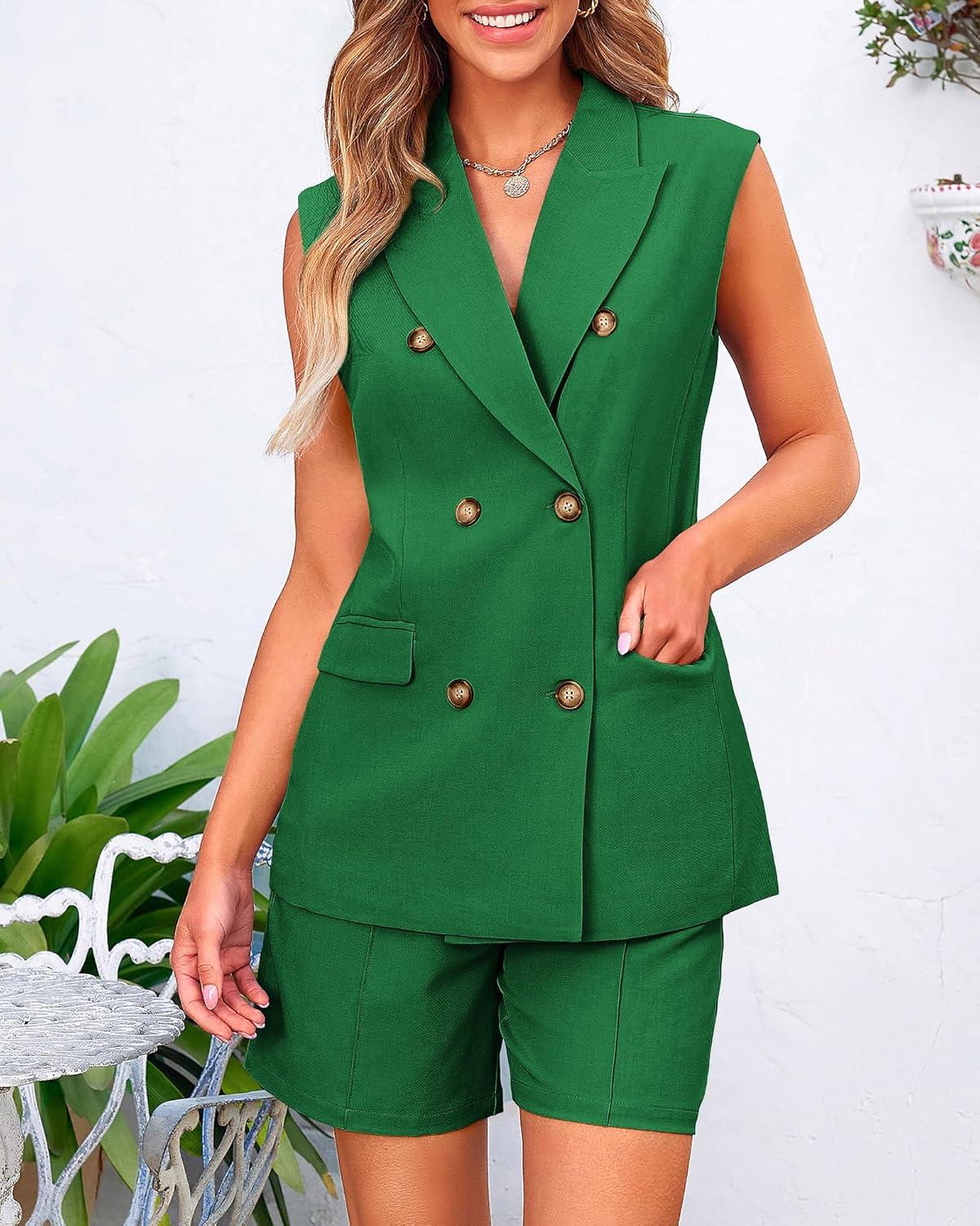 imageBTFBM Two Piece Sets For Women Spring 2026 Pockets Button Down Sleeveless Vest And Shorts Work Business Casual OutfitsGrey