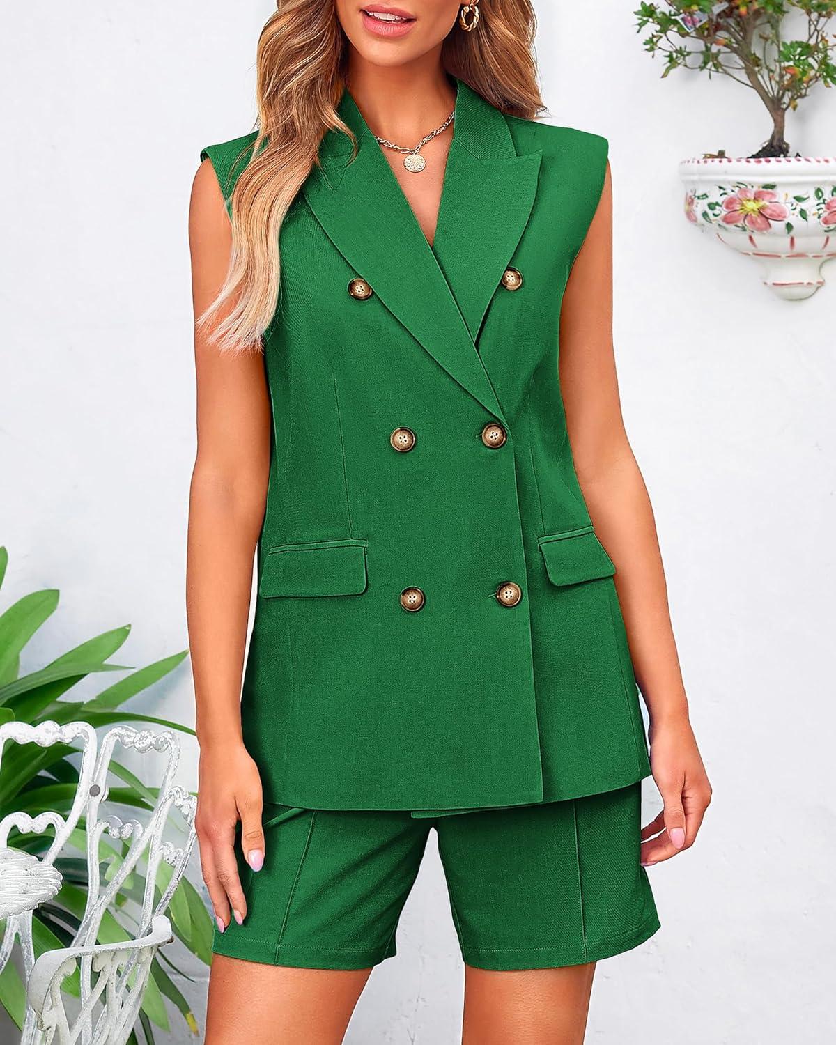 imageBTFBM Two Piece Sets For Women Spring 2026 Pockets Button Down Sleeveless Vest And Shorts Work Business Casual OutfitsGrey
