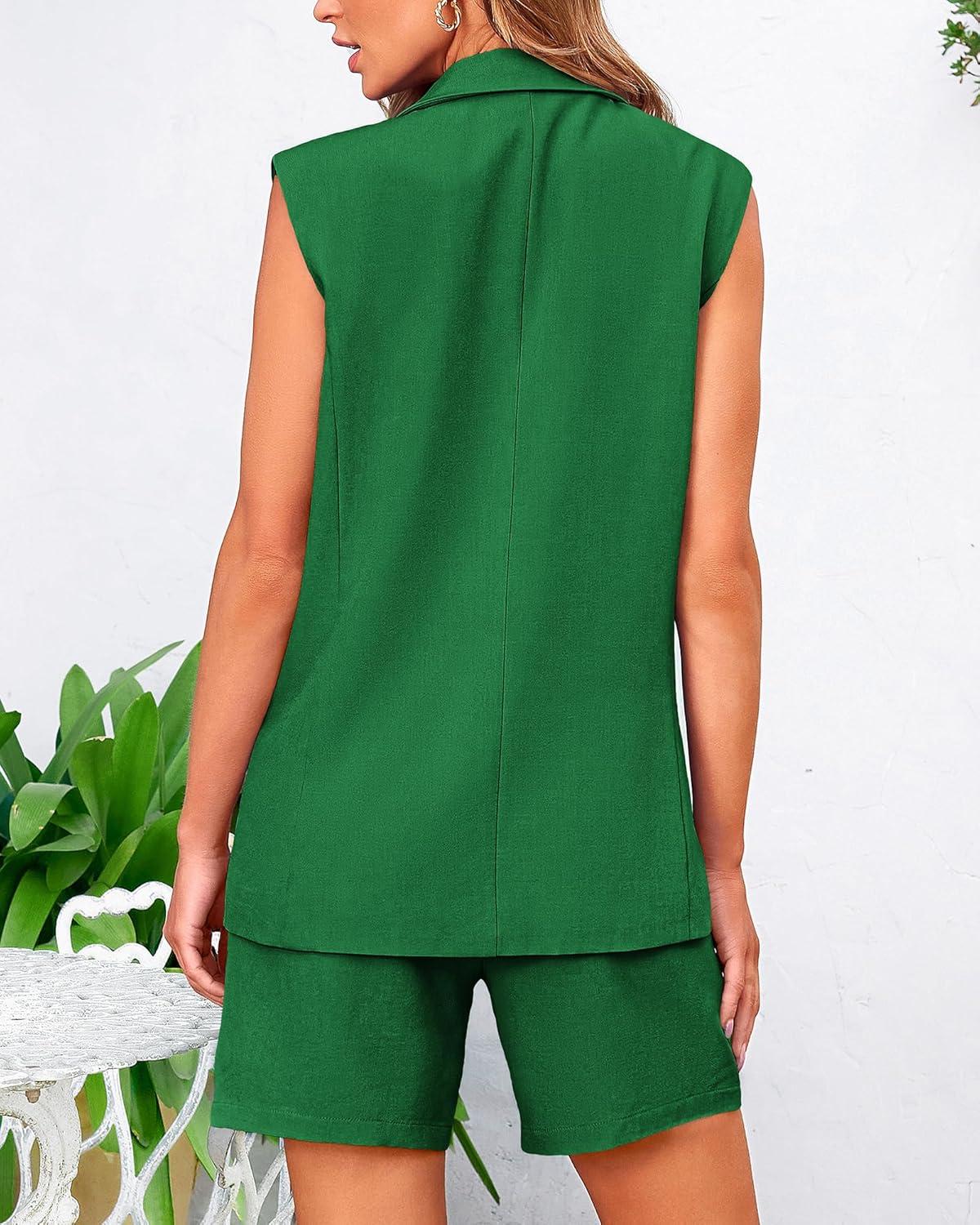 imageBTFBM Two Piece Sets For Women Spring 2026 Pockets Button Down Sleeveless Vest And Shorts Work Business Casual OutfitsGrey