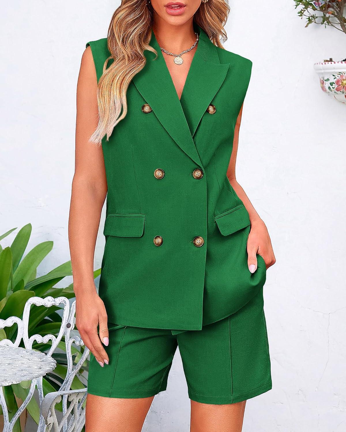 imageBTFBM Two Piece Sets For Women Spring 2026 Pockets Button Down Sleeveless Vest And Shorts Work Business Casual OutfitsGrey