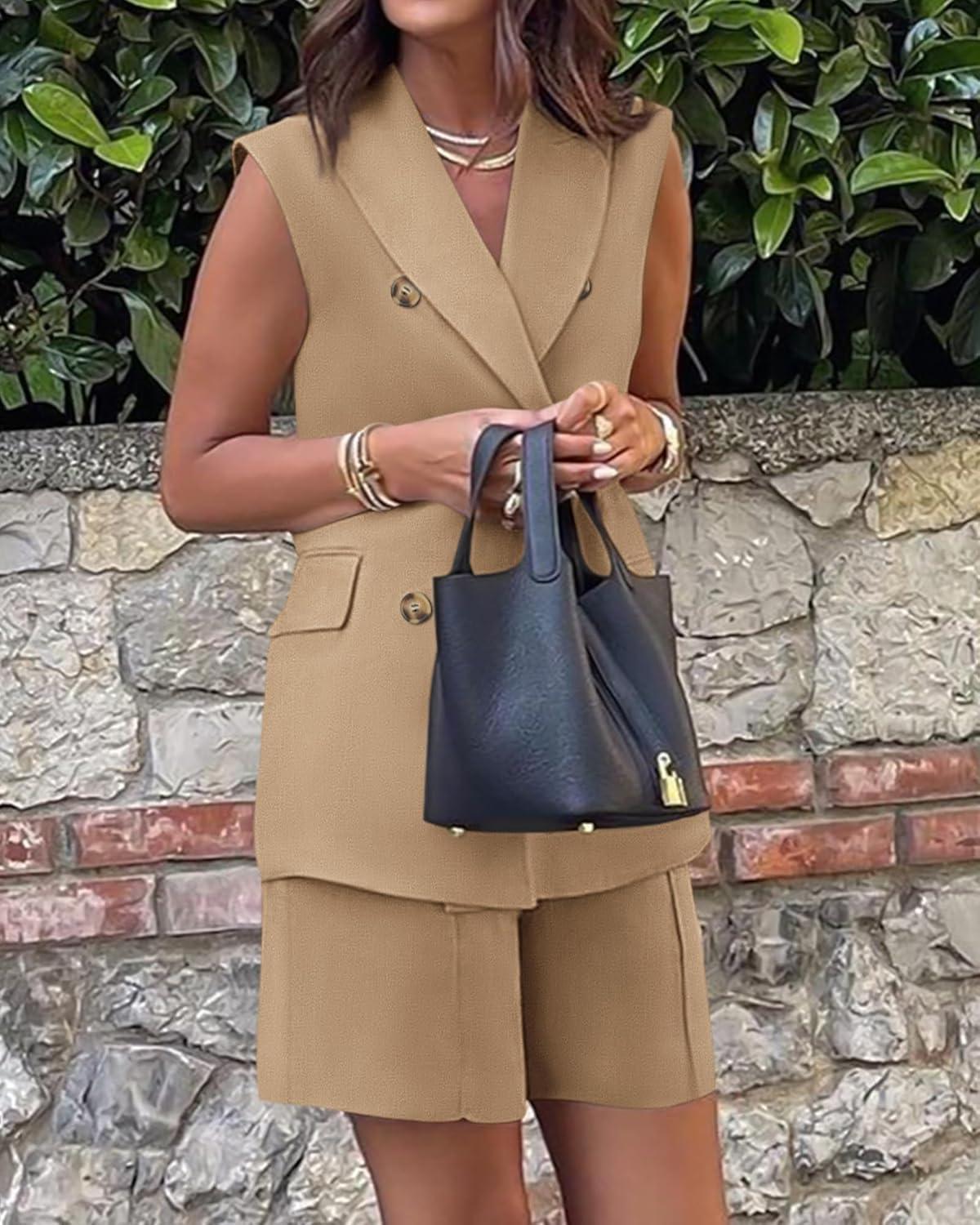 imageBTFBM Two Piece Sets For Women Spring 2026 Pockets Button Down Sleeveless Vest And Shorts Work Business Casual OutfitsKhaki