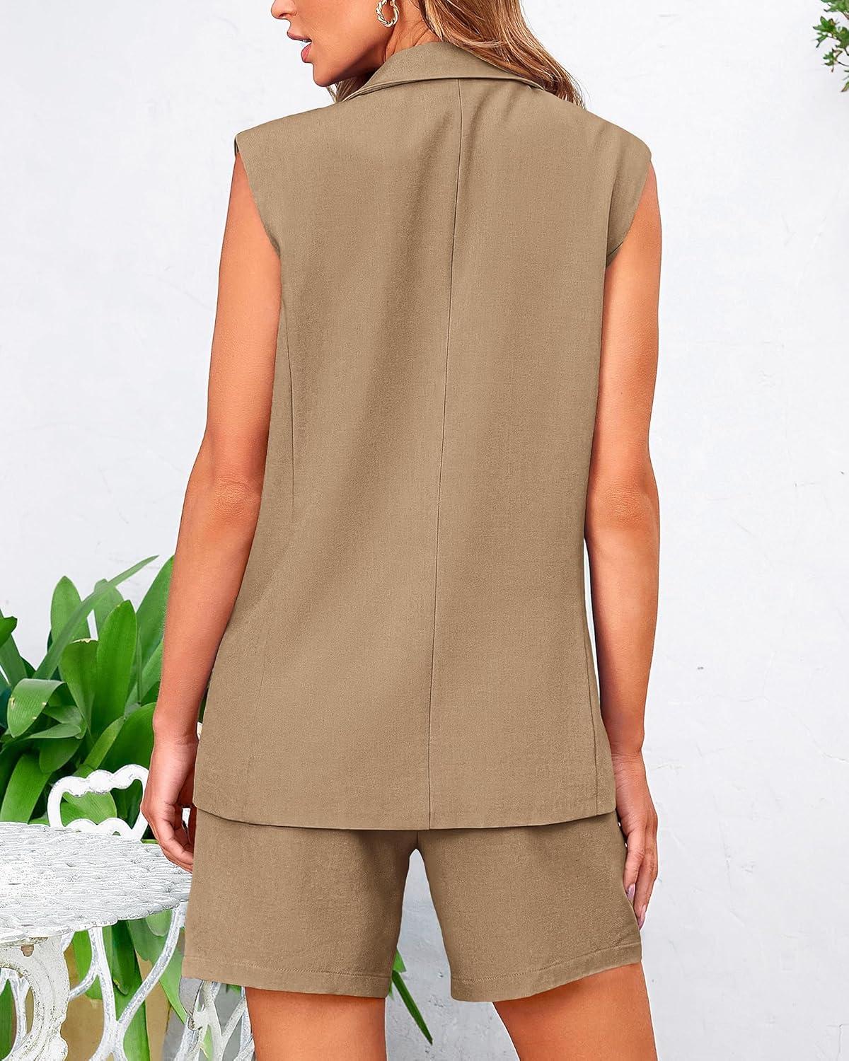 imageBTFBM Two Piece Sets For Women Spring 2026 Pockets Button Down Sleeveless Vest And Shorts Work Business Casual OutfitsKhaki