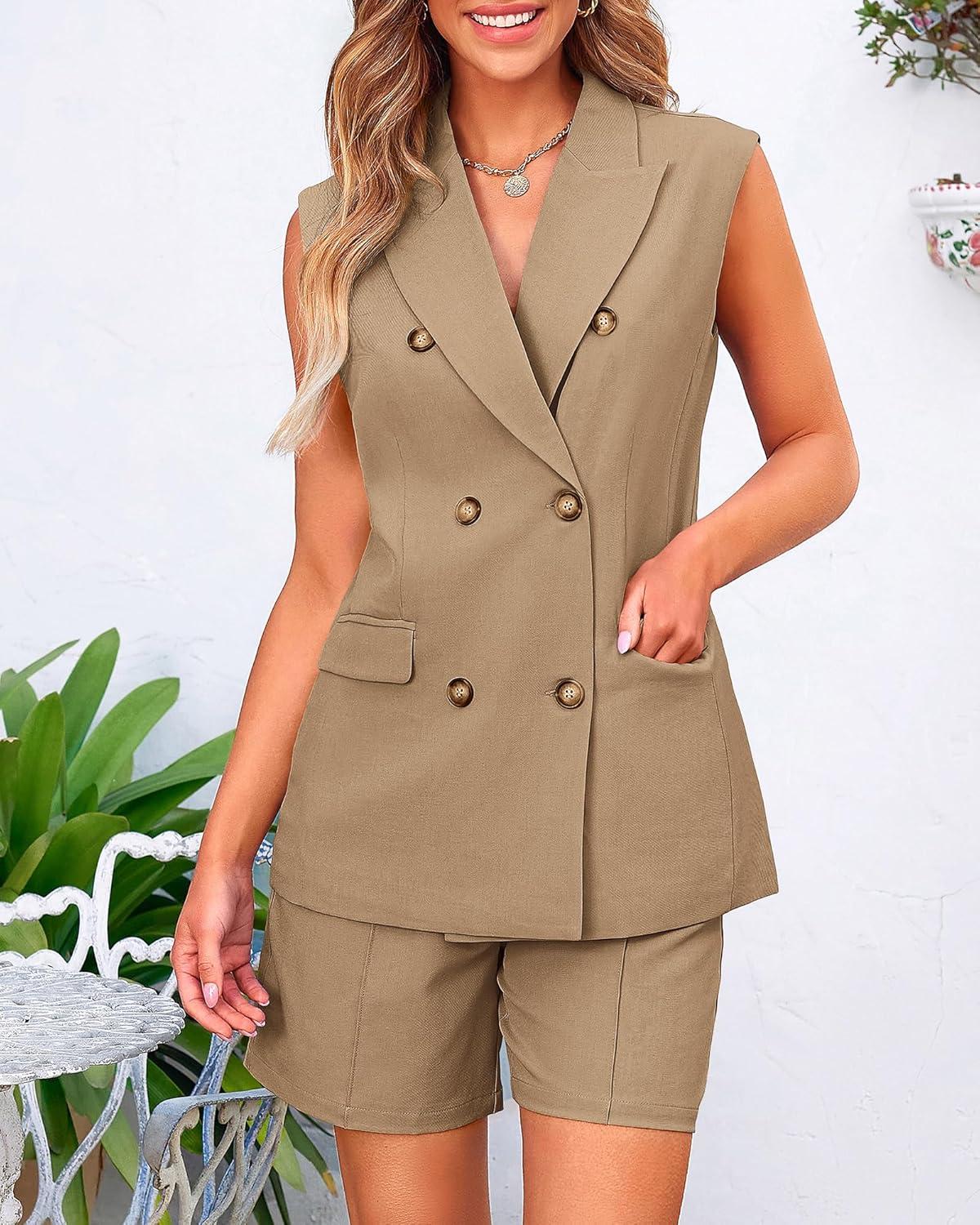 imageBTFBM Two Piece Sets For Women Spring 2026 Pockets Button Down Sleeveless Vest And Shorts Work Business Casual OutfitsKhaki