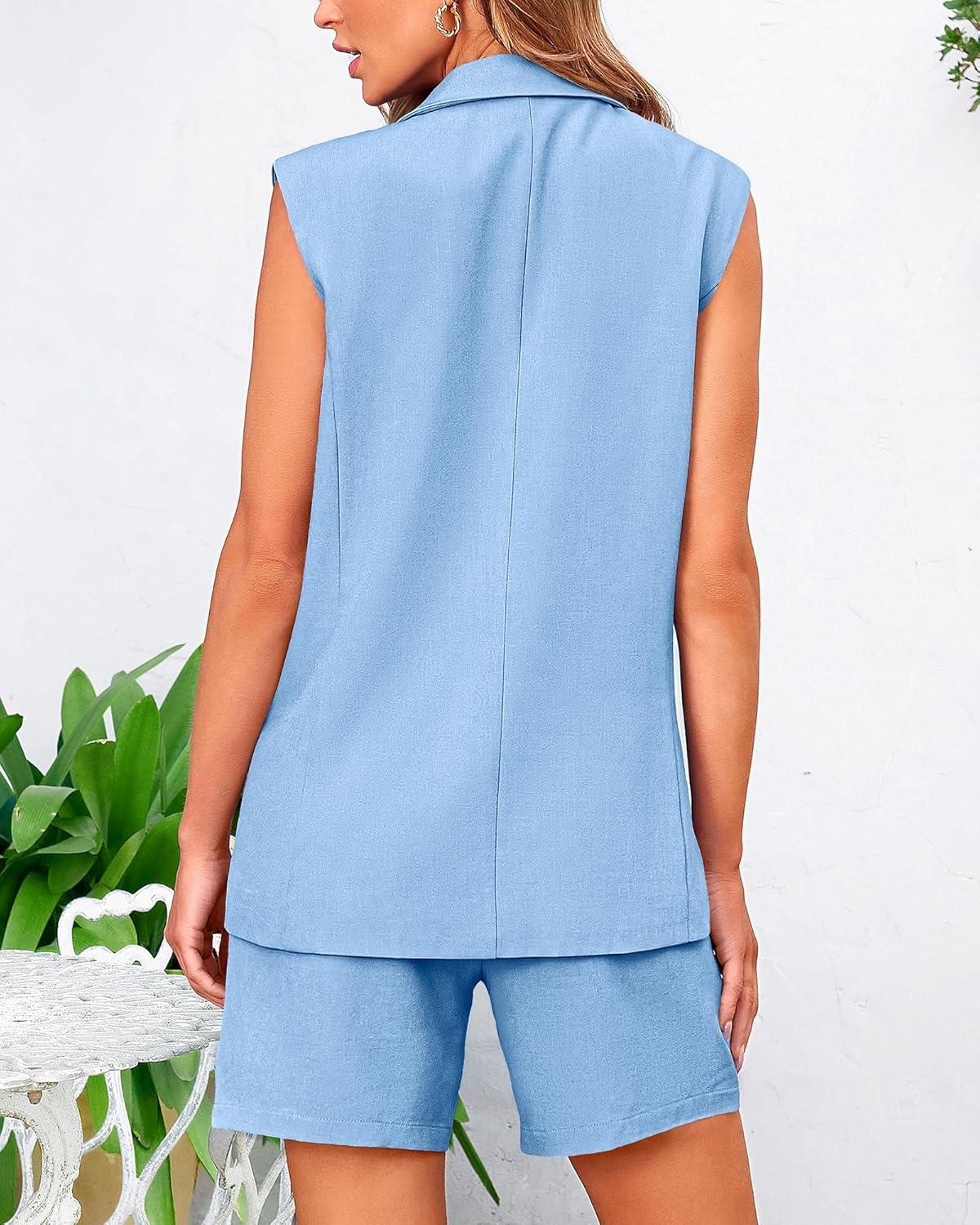imageBTFBM Two Piece Sets For Women Spring 2026 Pockets Button Down Sleeveless Vest And Shorts Work Business Casual OutfitsLight Blue