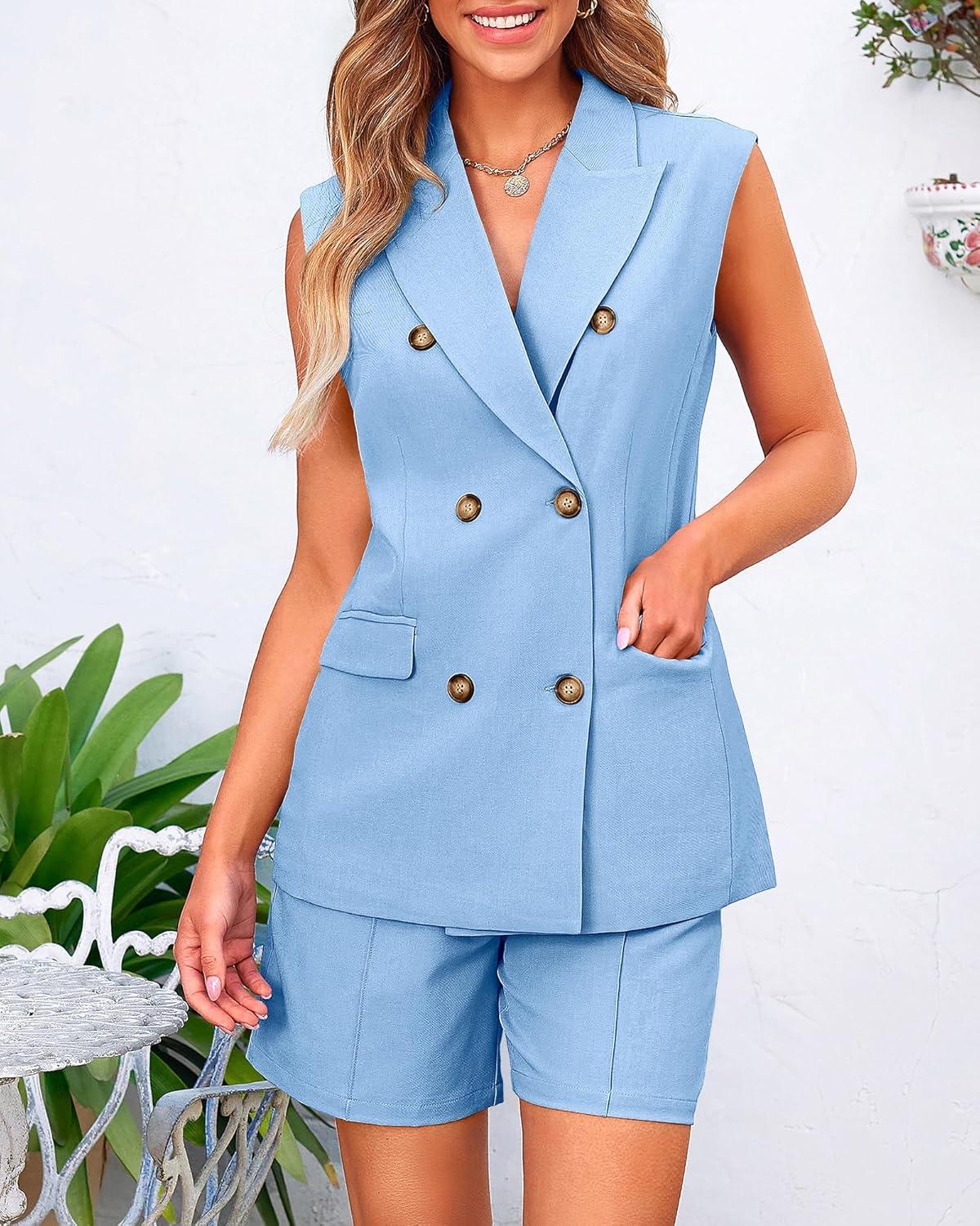 imageBTFBM Two Piece Sets For Women Spring 2026 Pockets Button Down Sleeveless Vest And Shorts Work Business Casual OutfitsLight Blue
