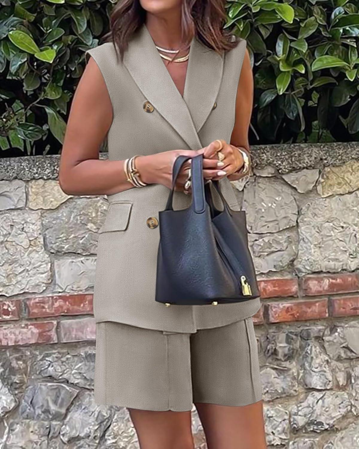 imageBTFBM Two Piece Sets For Women Spring 2026 Pockets Button Down Sleeveless Vest And Shorts Work Business Casual OutfitsLight Grey