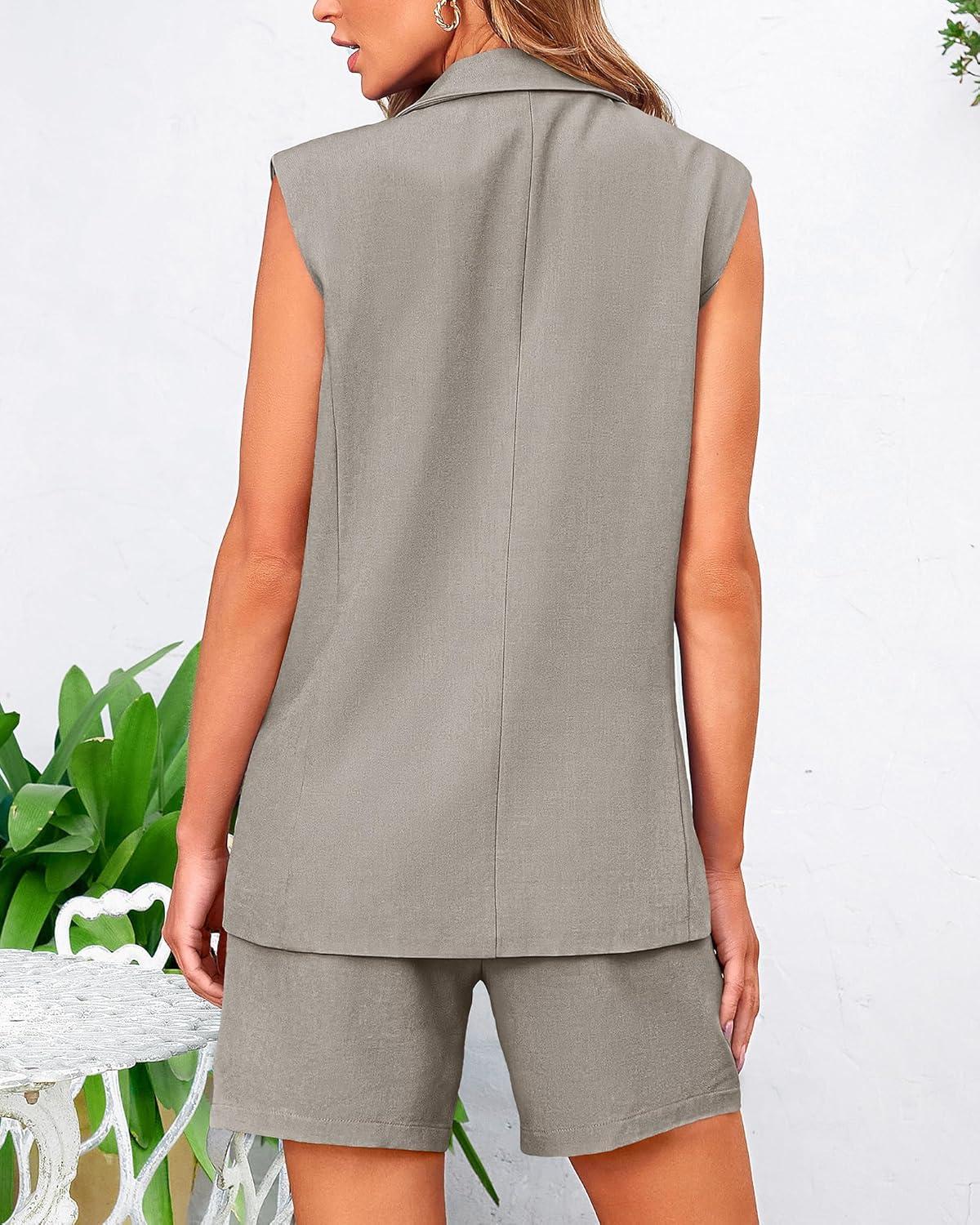 imageBTFBM Two Piece Sets For Women Spring 2026 Pockets Button Down Sleeveless Vest And Shorts Work Business Casual OutfitsLight Grey