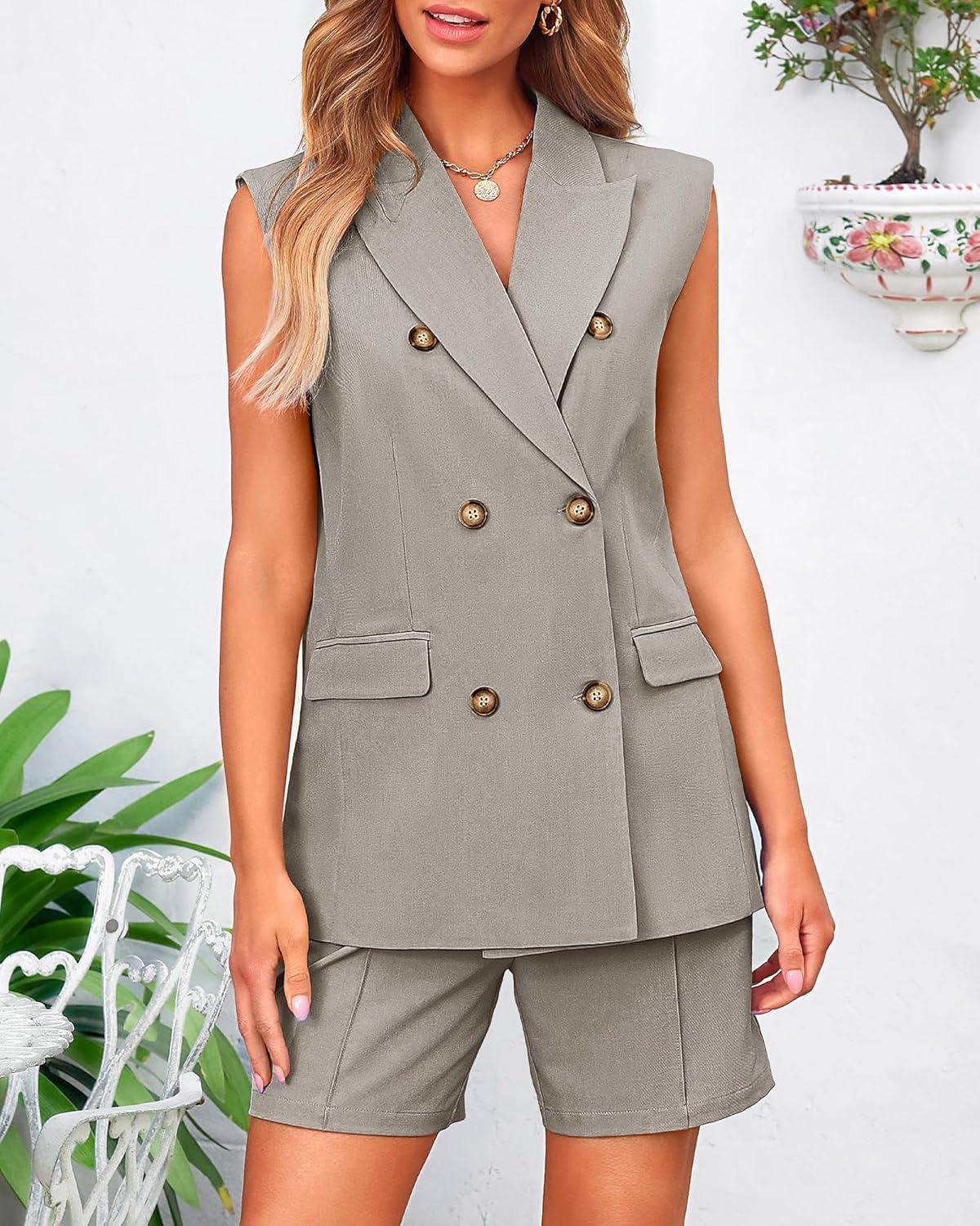 imageBTFBM Two Piece Sets For Women Spring 2026 Pockets Button Down Sleeveless Vest And Shorts Work Business Casual OutfitsLight Grey
