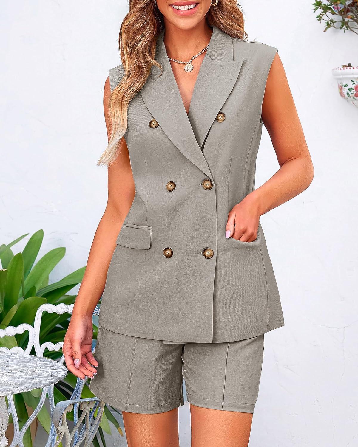 imageBTFBM Two Piece Sets For Women Spring 2026 Pockets Button Down Sleeveless Vest And Shorts Work Business Casual OutfitsLight Grey