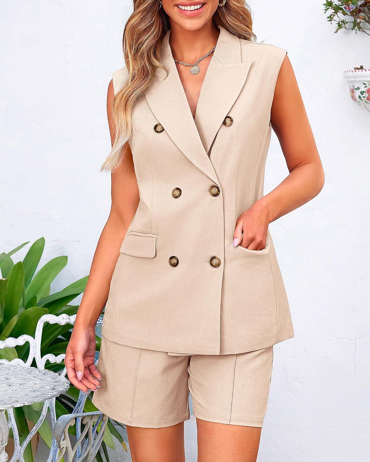 imageBTFBM Two Piece Sets For Women Spring 2026 Pockets Button Down Sleeveless Vest And Shorts Work Business Casual OutfitsLight Khaki