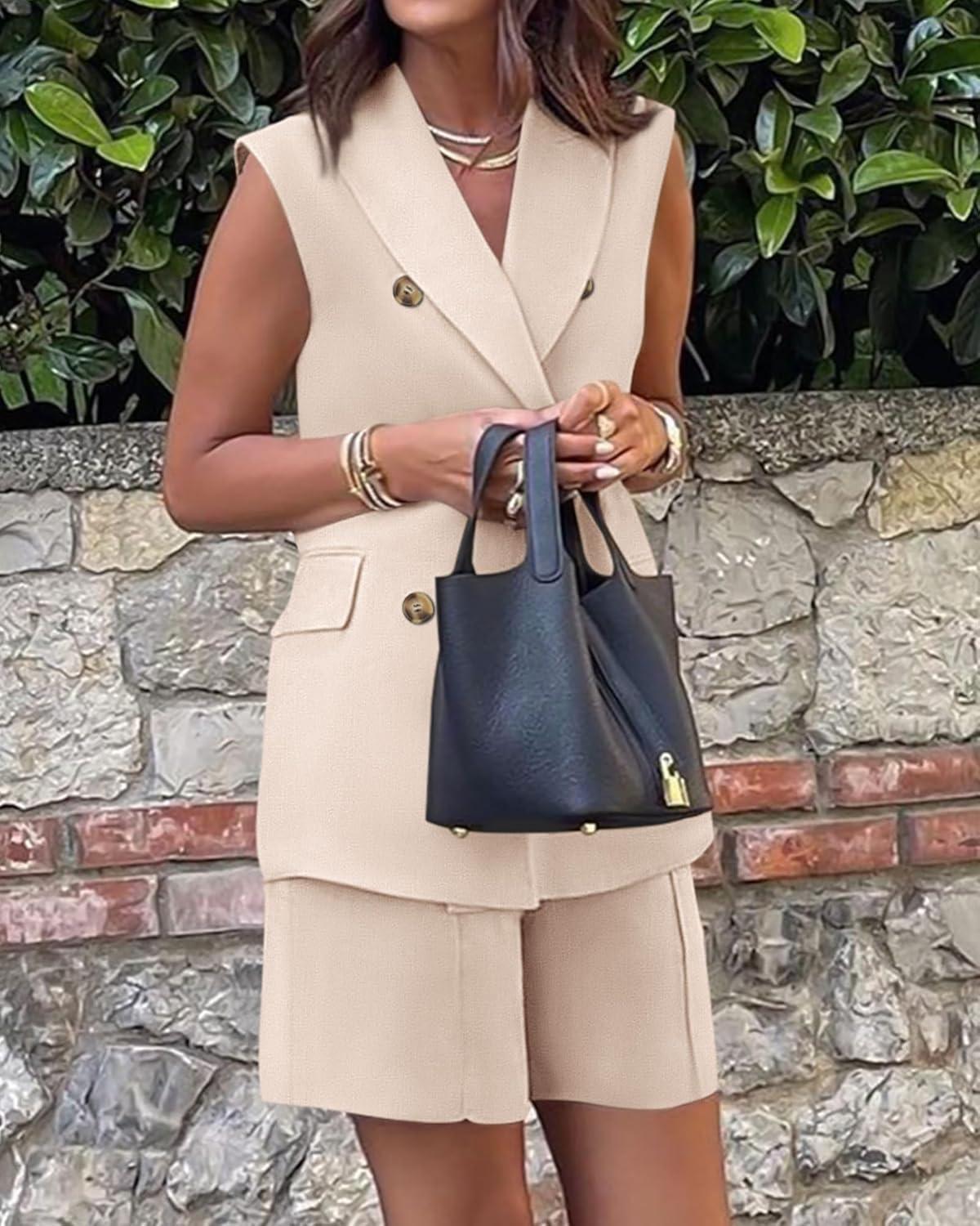 imageBTFBM Two Piece Sets For Women Spring 2026 Pockets Button Down Sleeveless Vest And Shorts Work Business Casual OutfitsLight Khaki
