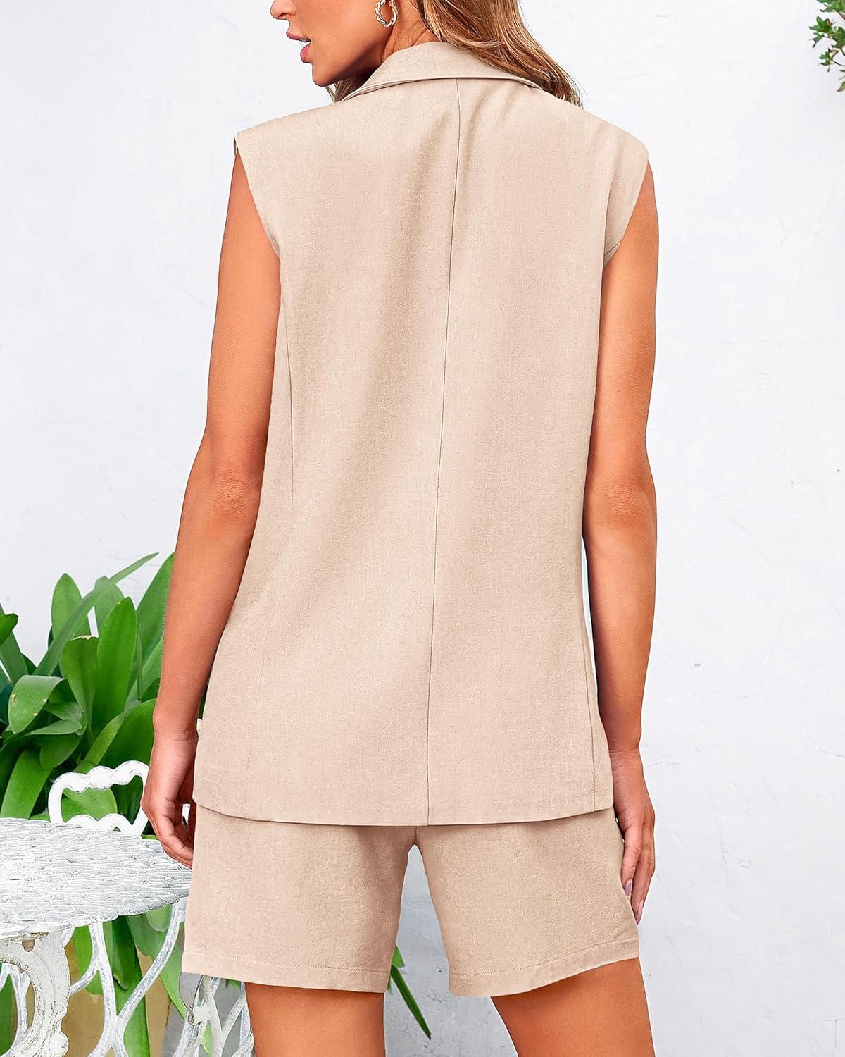 imageBTFBM Two Piece Sets For Women Spring 2026 Pockets Button Down Sleeveless Vest And Shorts Work Business Casual OutfitsLight Khaki