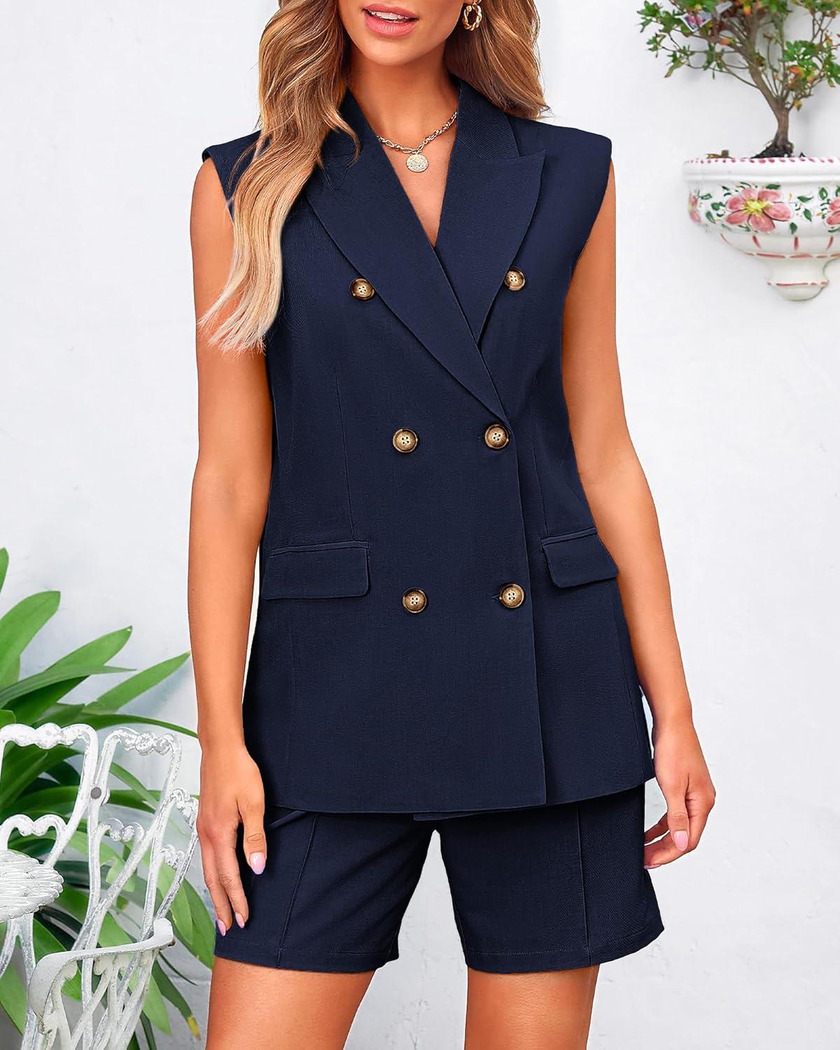 imageBTFBM Two Piece Sets For Women Spring 2026 Pockets Button Down Sleeveless Vest And Shorts Work Business Casual OutfitsNavy