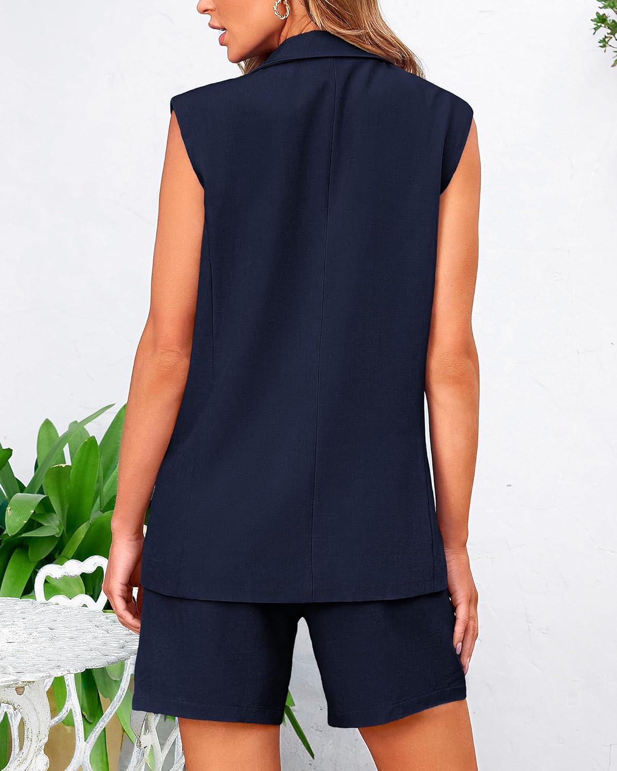 imageBTFBM Two Piece Sets For Women Spring 2026 Pockets Button Down Sleeveless Vest And Shorts Work Business Casual OutfitsNavy